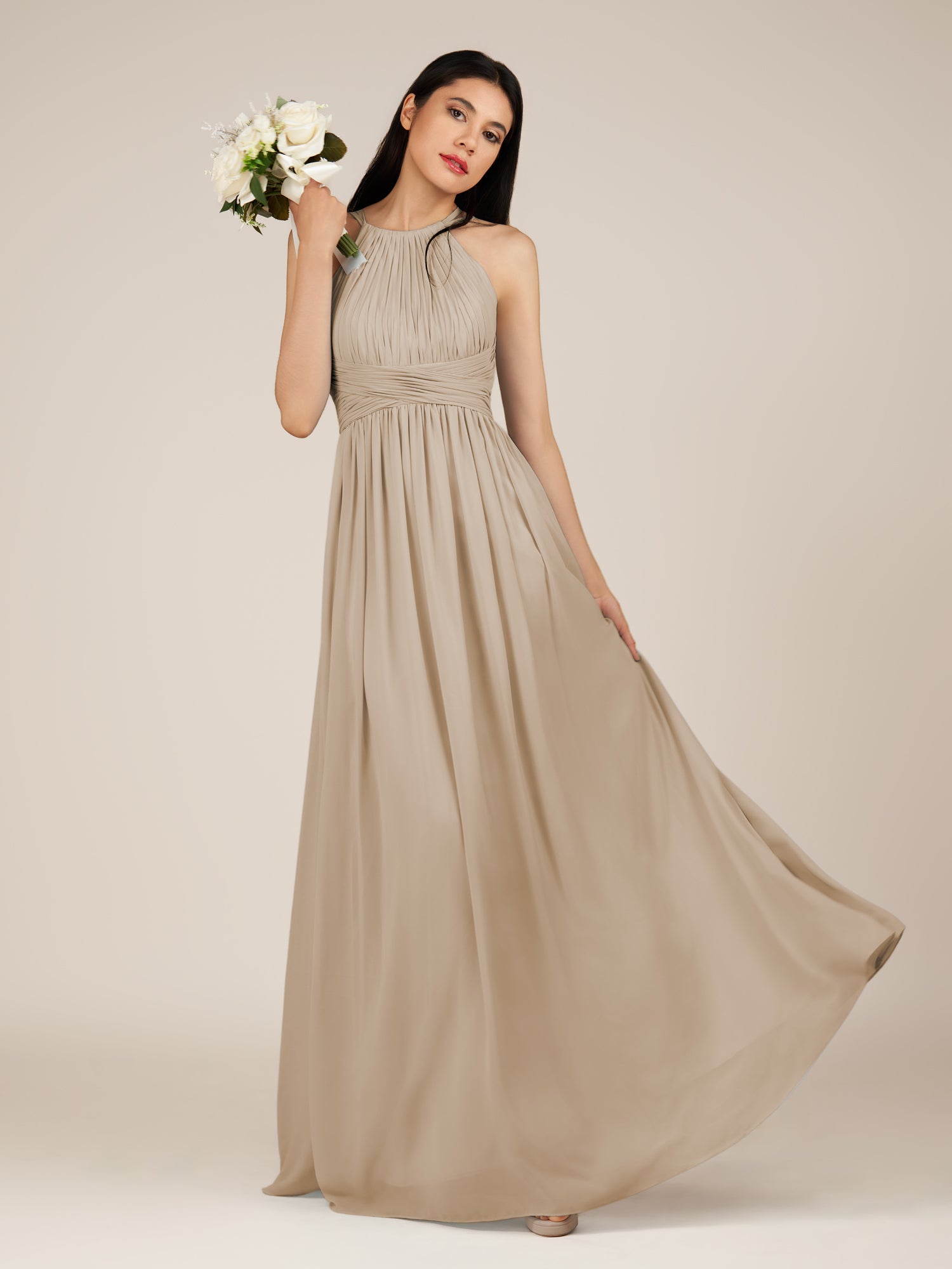 KissDress-Orinthia Almond A Line Halter Neck Chiffon Long Bridesmaid Dress with Pleats