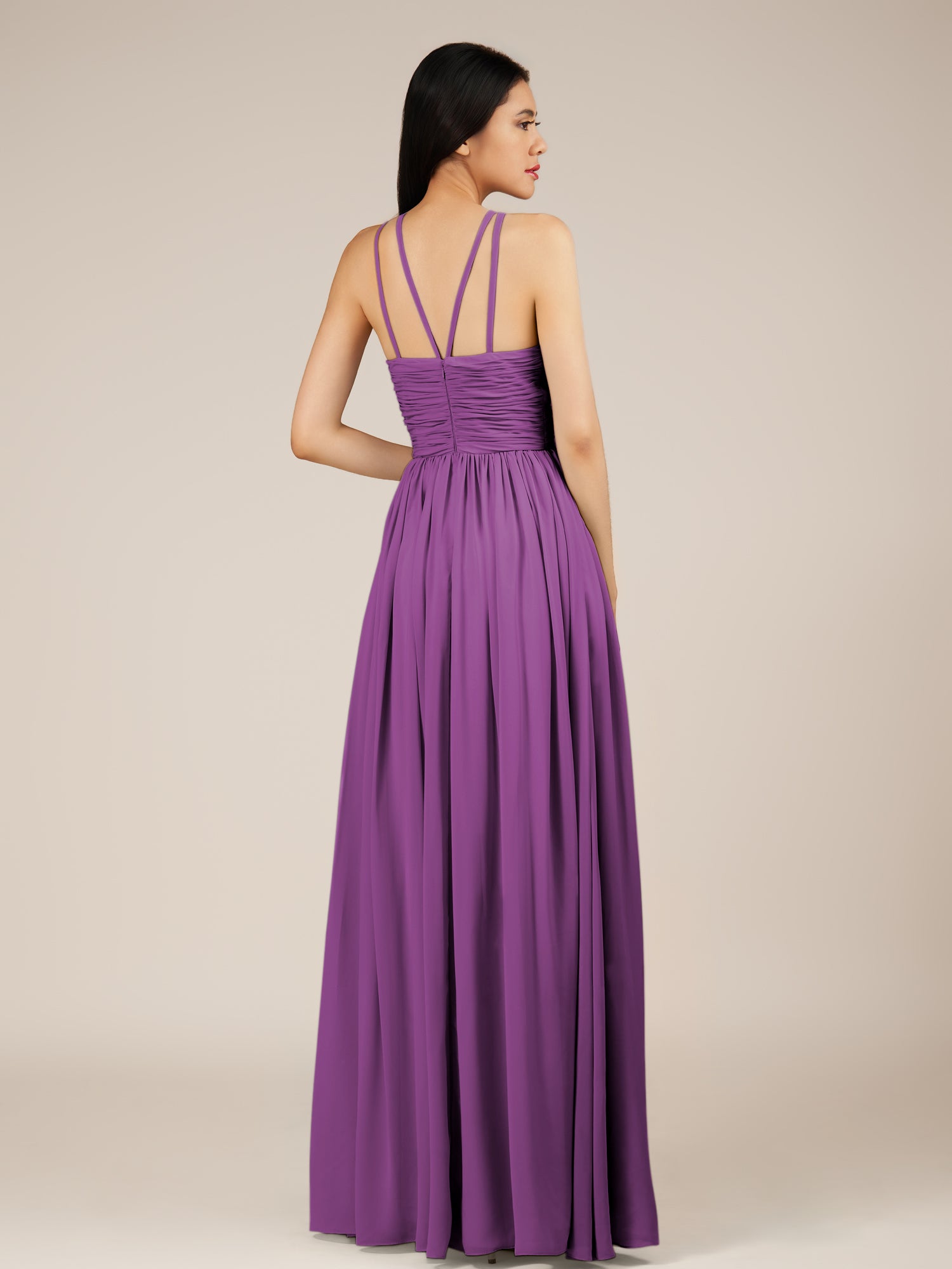 KissDress-Orinthia Amethyst A Line Halter Neck Chiffon Long Bridesmaid Dress with Pleats