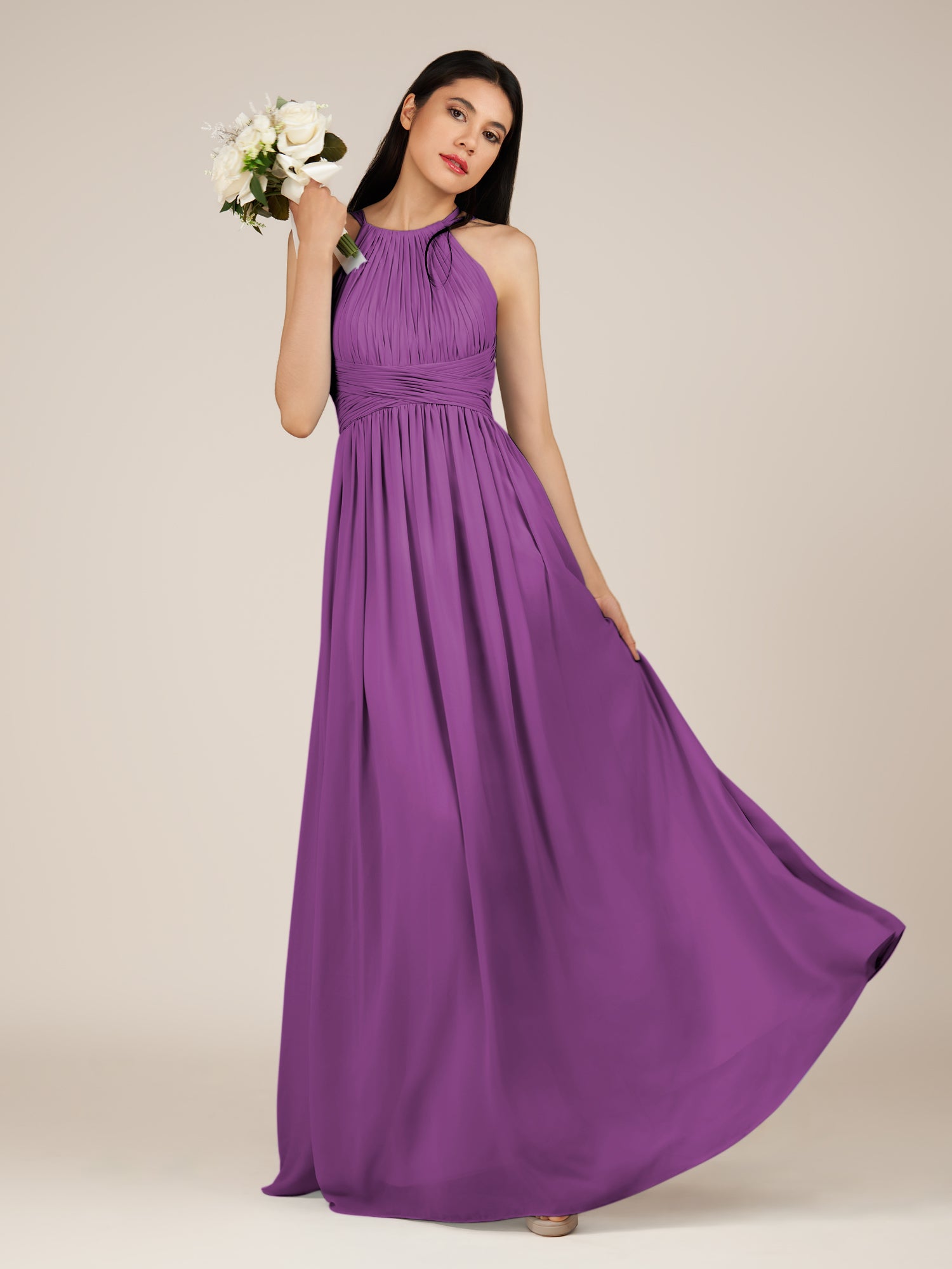 KissDress-Orinthia Amethyst A Line Halter Neck Chiffon Long Bridesmaid Dress with Pleats