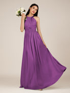 KissDress-Orinthia Amethyst A Line Halter Neck Chiffon Long Bridesmaid Dress with Pleats
