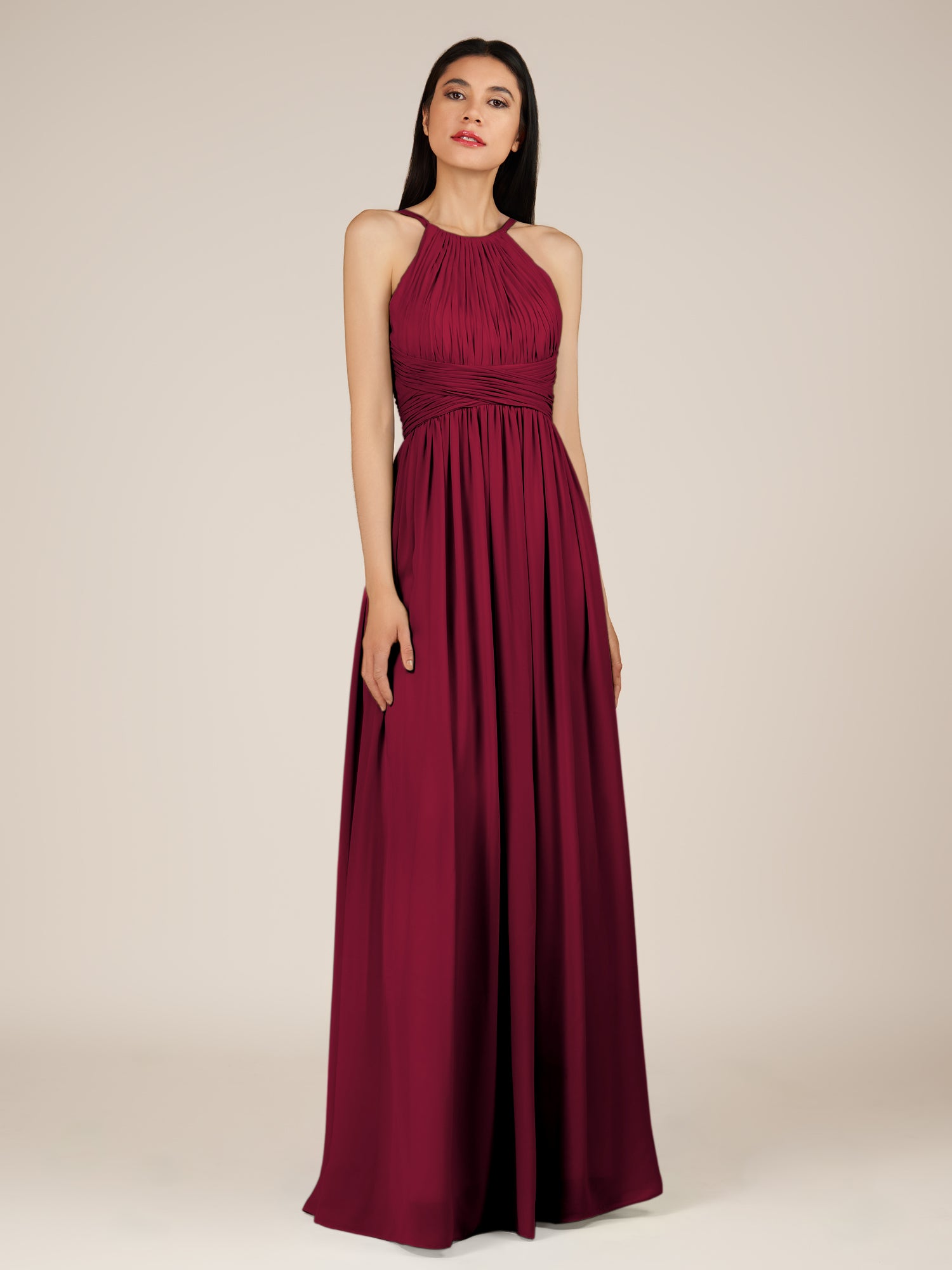 KissDress-Orinthia Berry A Line Halter Neck Chiffon Long Bridesmaid Dress with Pleats