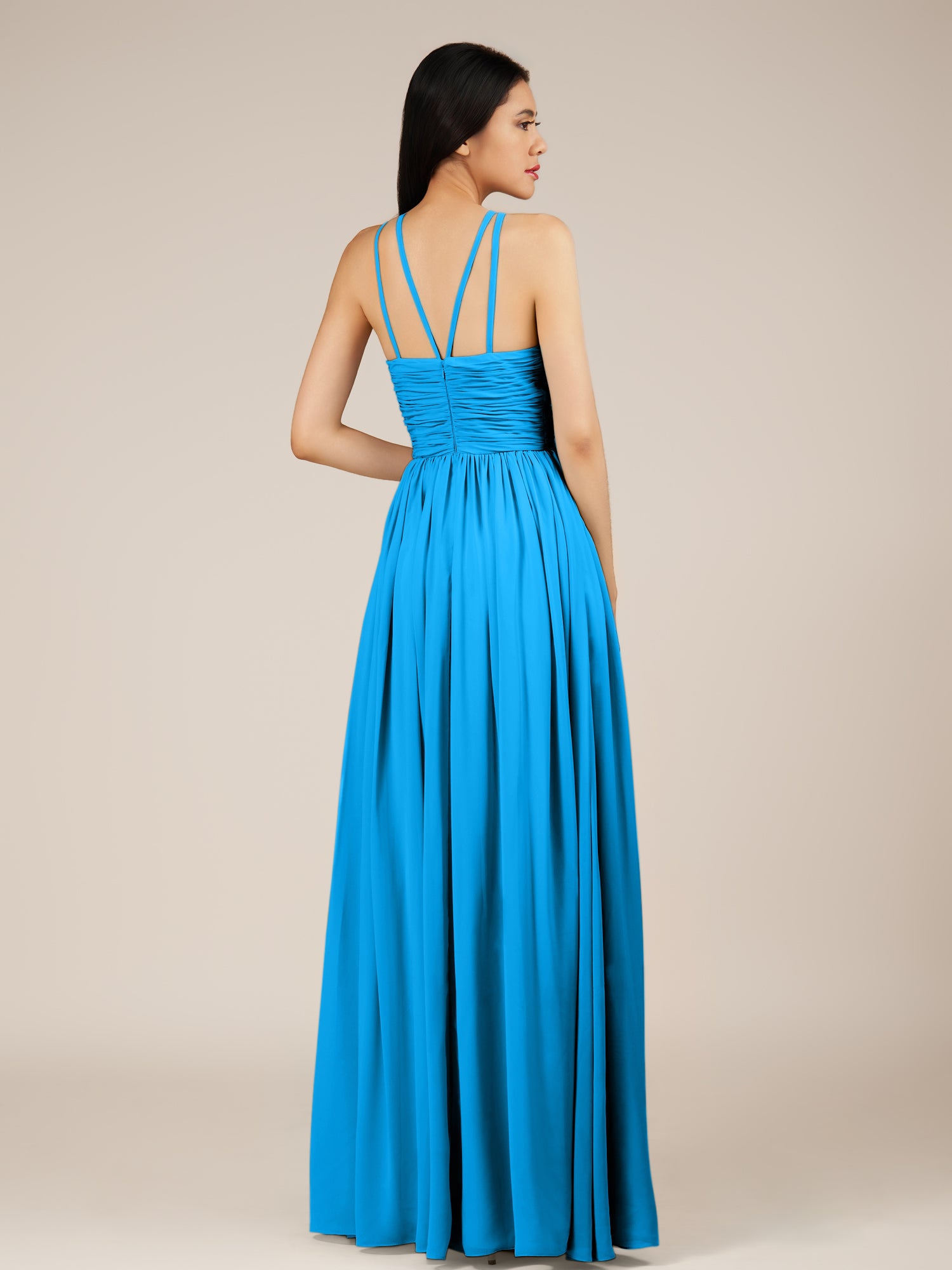 KissDress-Orinthia Blue Jay A Line Halter Neck Chiffon Long Bridesmaid Dress with Pleats