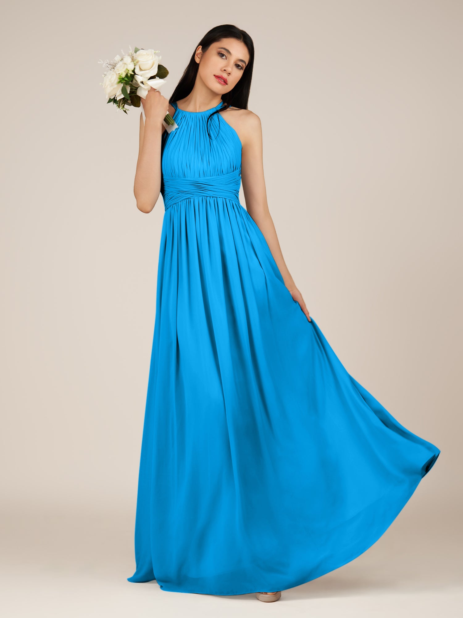 KissDress-Orinthia Blue Jay A Line Halter Neck Chiffon Long Bridesmaid Dress with Pleats