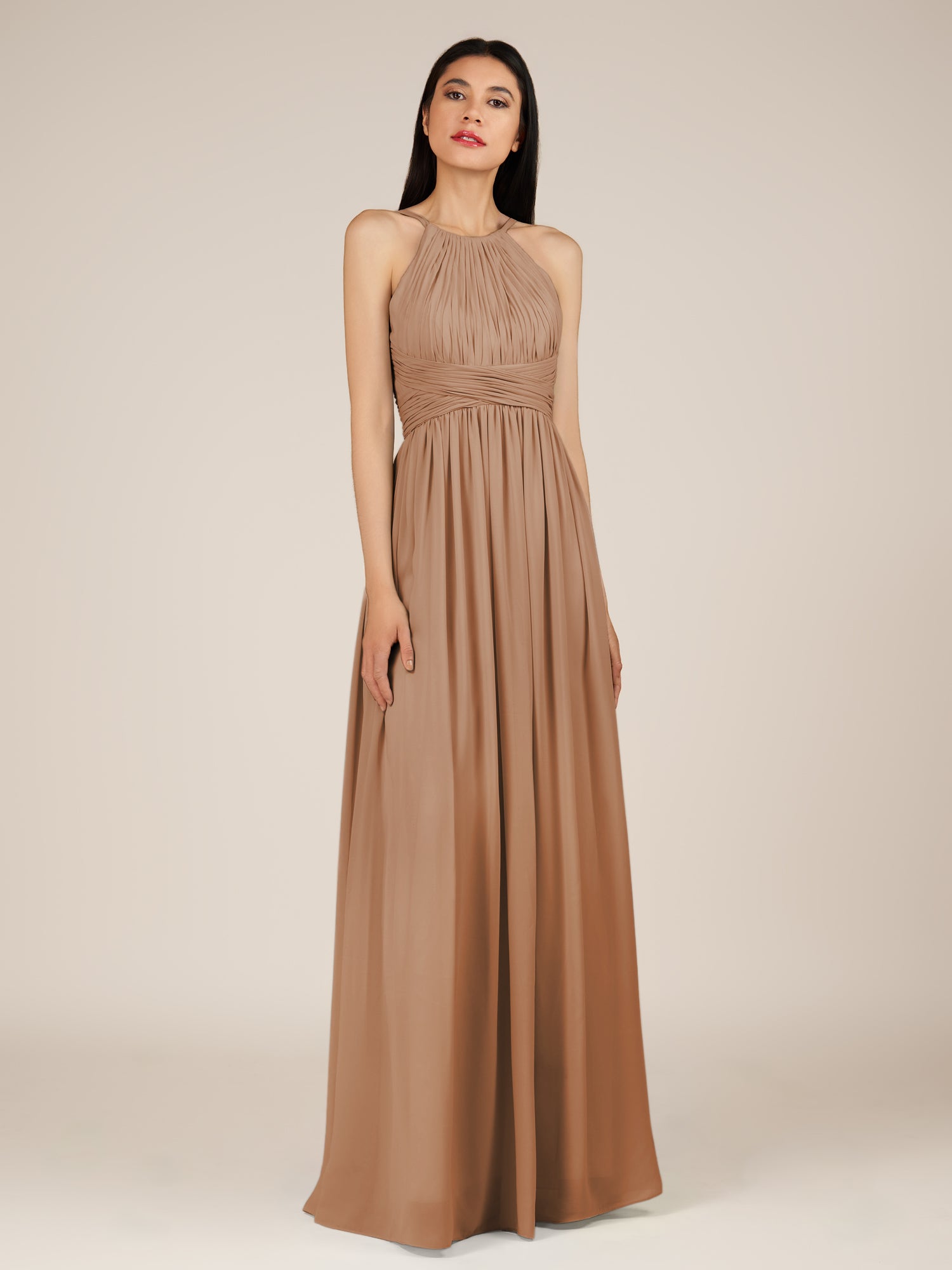 KissDress-Orinthia Bronzer A Line Halter Neck Chiffon Long Bridesmaid Dress with Pleats
