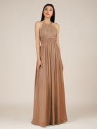 KissDress-Orinthia Bronzer A Line Halter Neck Chiffon Long Bridesmaid Dress with Pleats