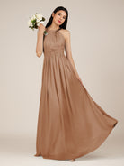 KissDress-Orinthia Bronzer A Line Halter Neck Chiffon Long Bridesmaid Dress with Pleats