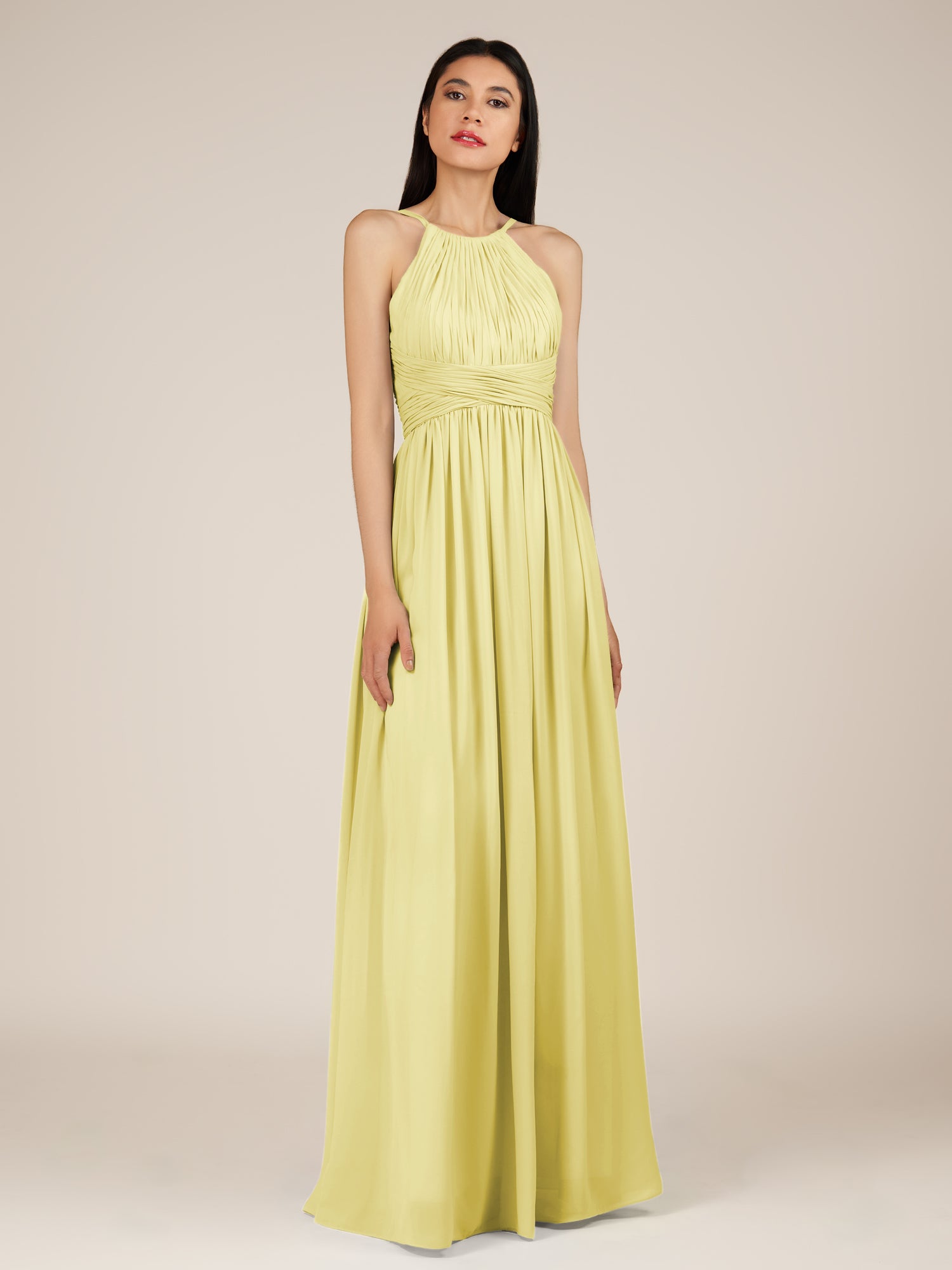 KissDress-Orinthia Buttercup A Line Halter Neck Chiffon Long Bridesmaid Dress with Pleats