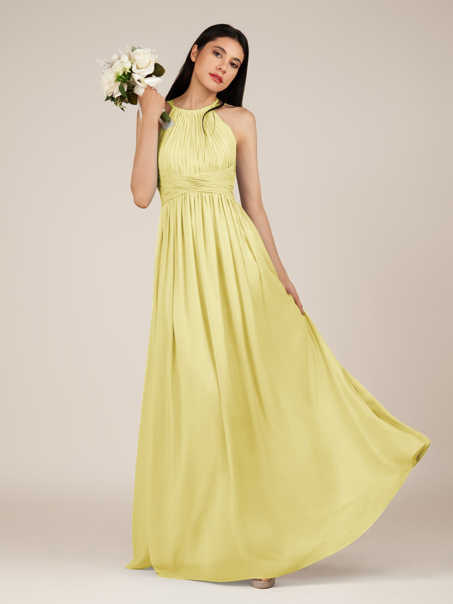 KissDress-Orinthia Buttercup A Line Halter Neck Chiffon Long Bridesmaid Dress with Pleats