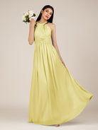 KissDress-Orinthia Buttercup A Line Halter Neck Chiffon Long Bridesmaid Dress with Pleats
