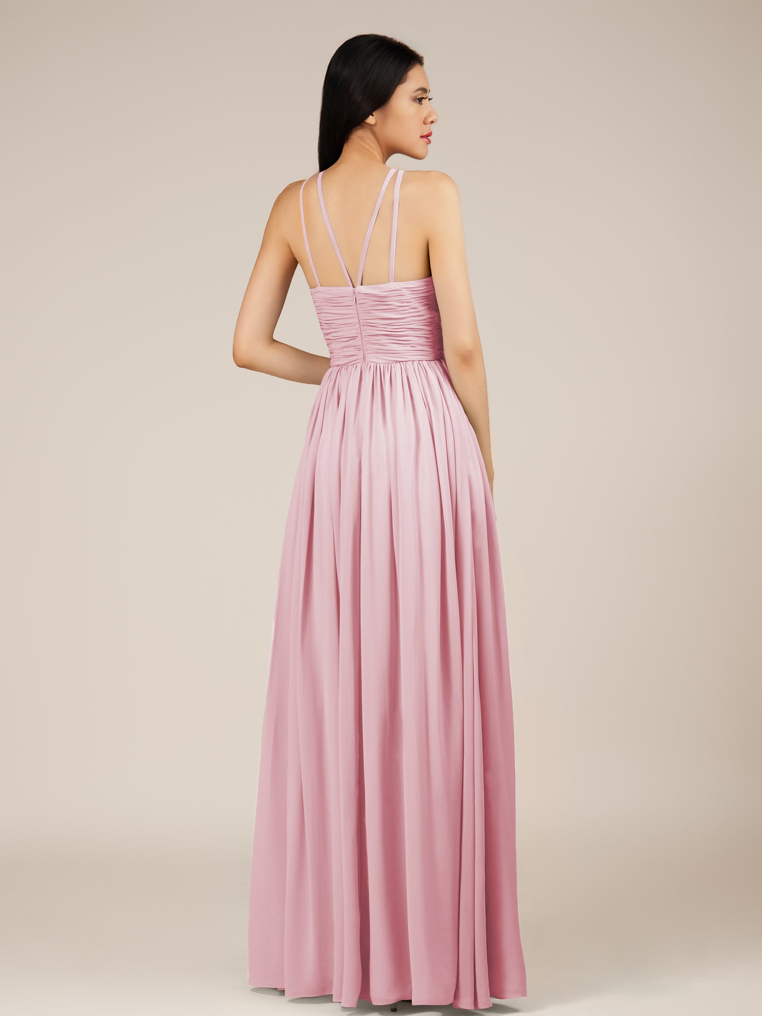 KissDress-Orinthia Candy Pink A Line Halter Neck Chiffon Long Bridesmaid Dress with Pleats