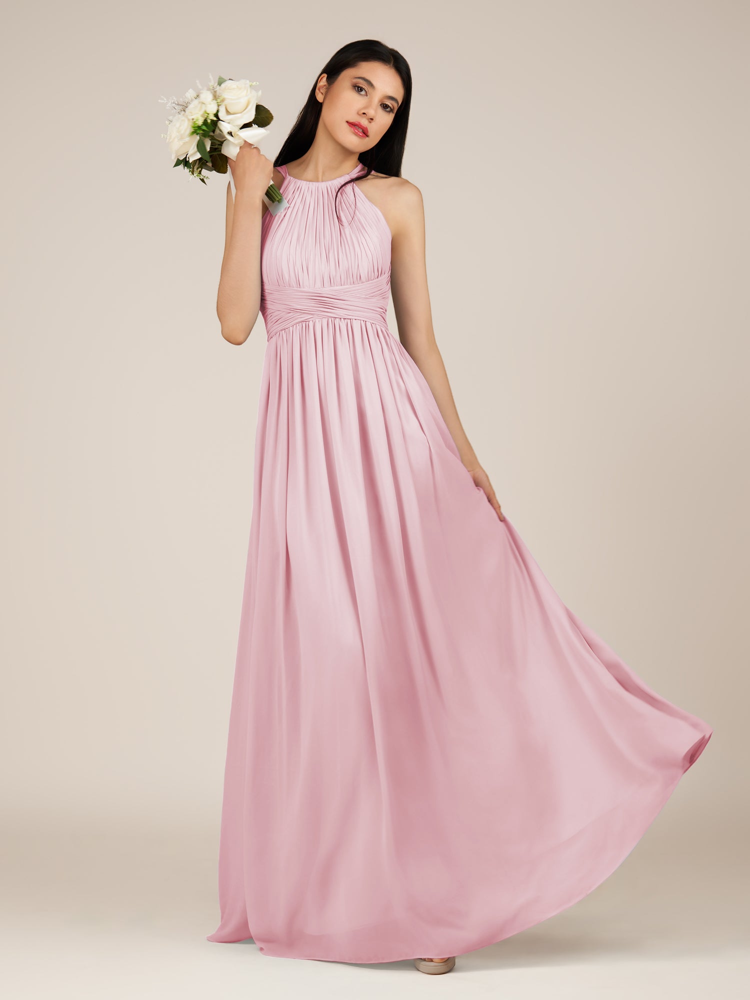 KissDress-Orinthia Candy Pink A Line Halter Neck Chiffon Long Bridesmaid Dress with Pleats