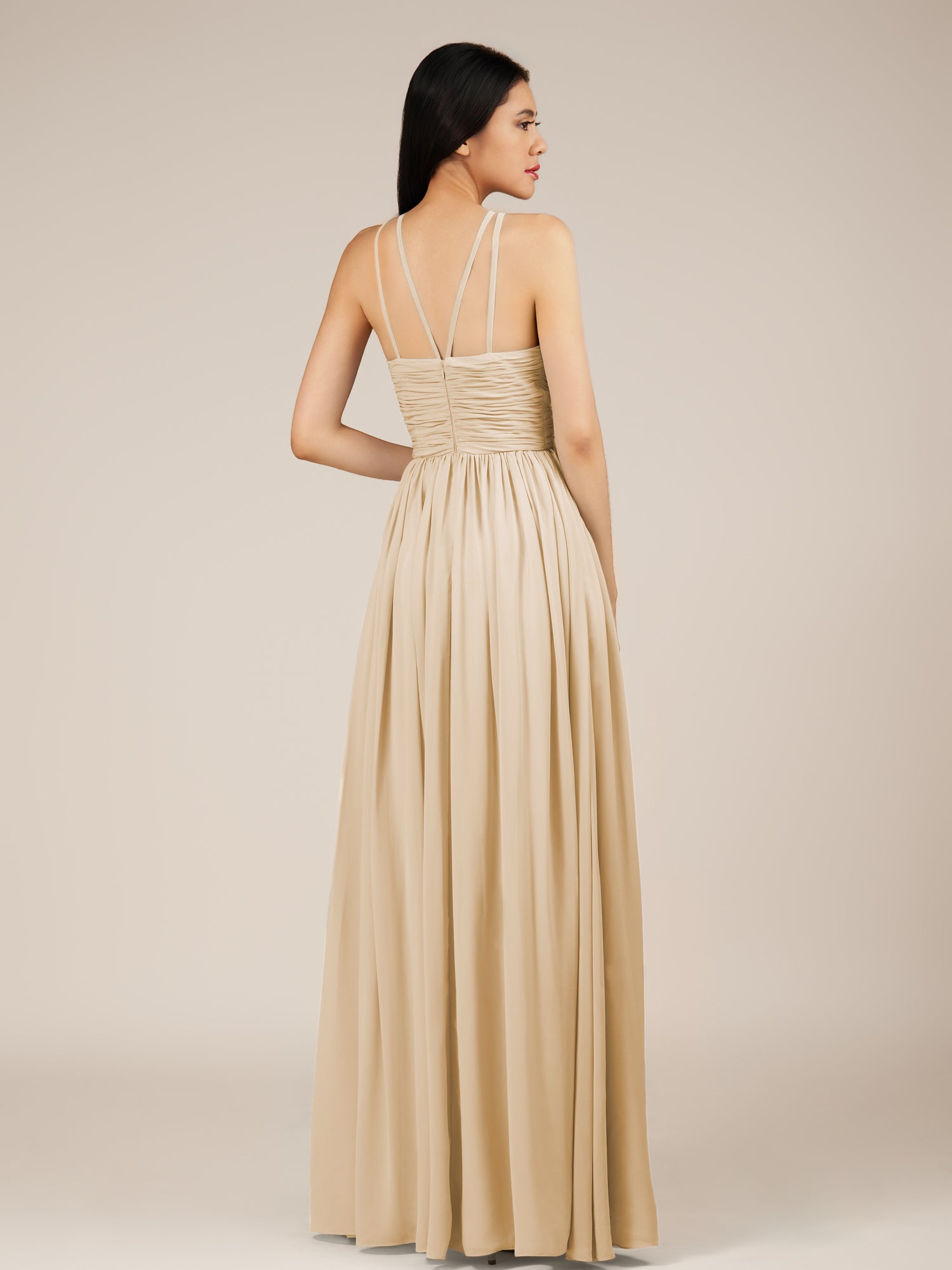 KissDress-Orinthia Champagne A Line Halter Neck Chiffon Long Bridesmaid Dress with Pleats