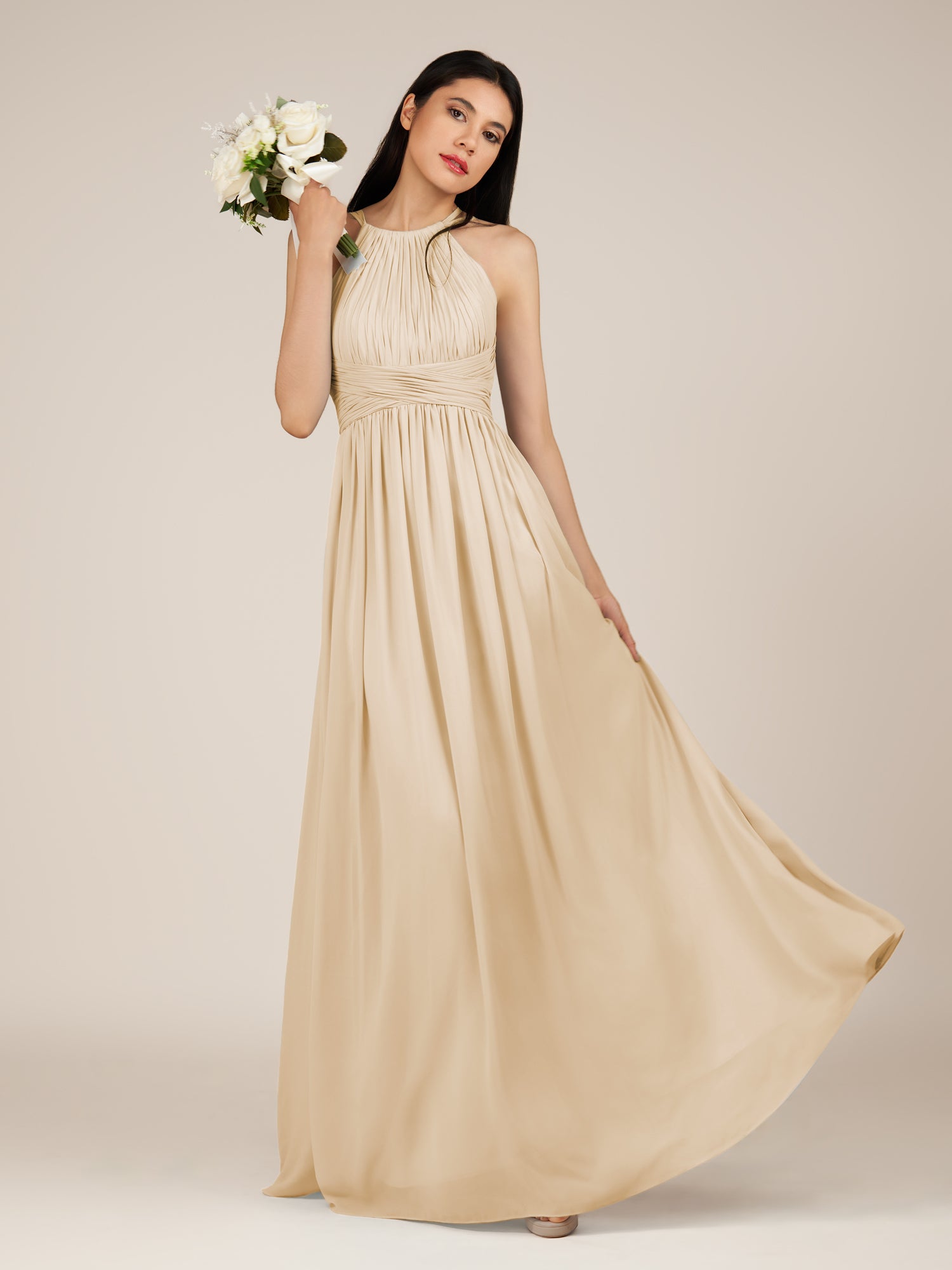 KissDress-Orinthia Champagne A Line Halter Neck Chiffon Long Bridesmaid Dress with Pleats
