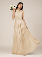 KissDress-Orinthia Champagne A Line Halter Neck Chiffon Long Bridesmaid Dress with Pleats