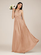 KissDress-Orinthia Coral A Line Halter Neck Chiffon Long Bridesmaid Dress with Pleats