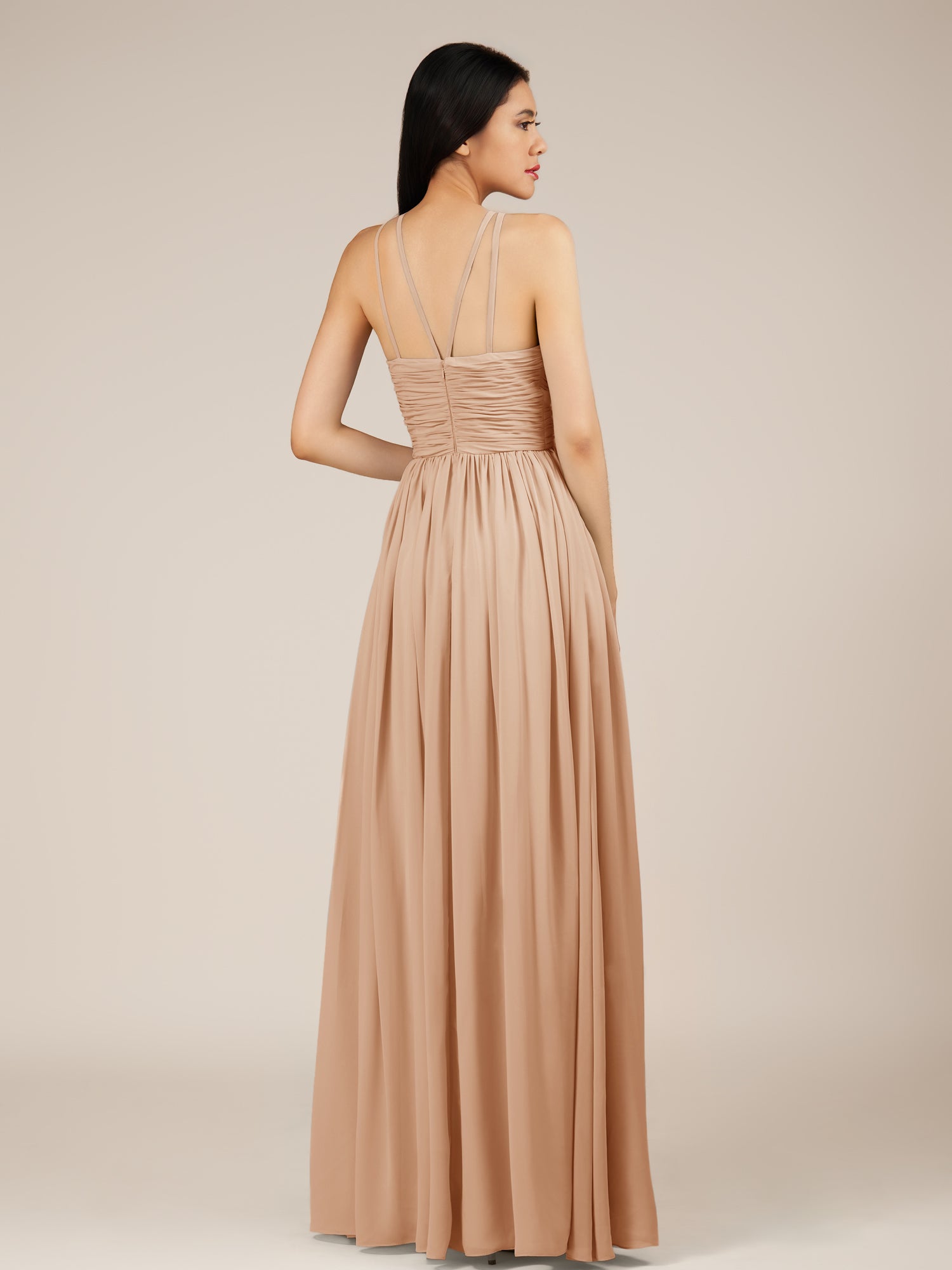 KissDress-Orinthia Coral A Line Halter Neck Chiffon Long Bridesmaid Dress with Pleats