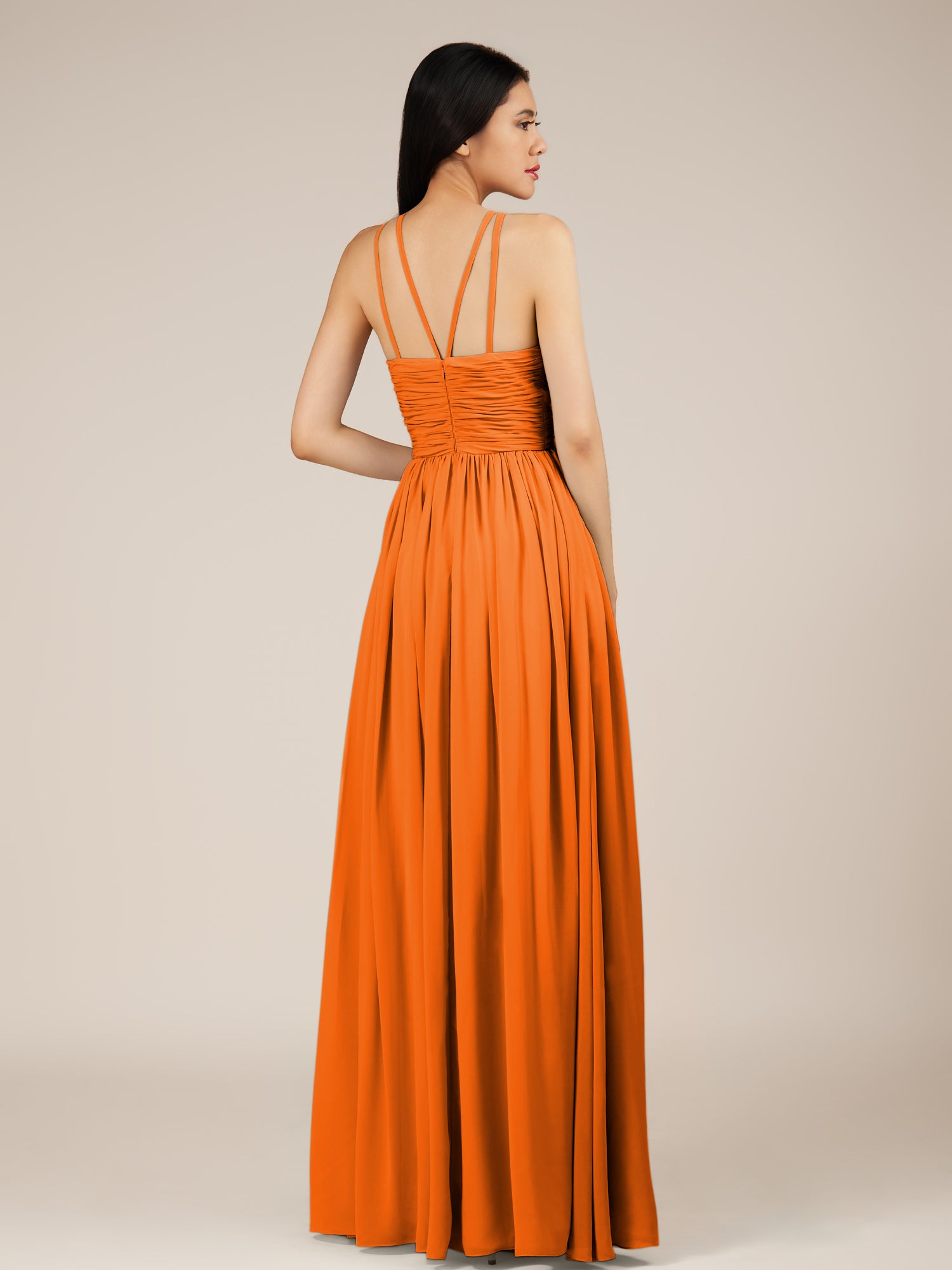 KissDress-Orinthia Cinnamon A Line Halter Neck Chiffon Long Bridesmaid Dress with Pleats