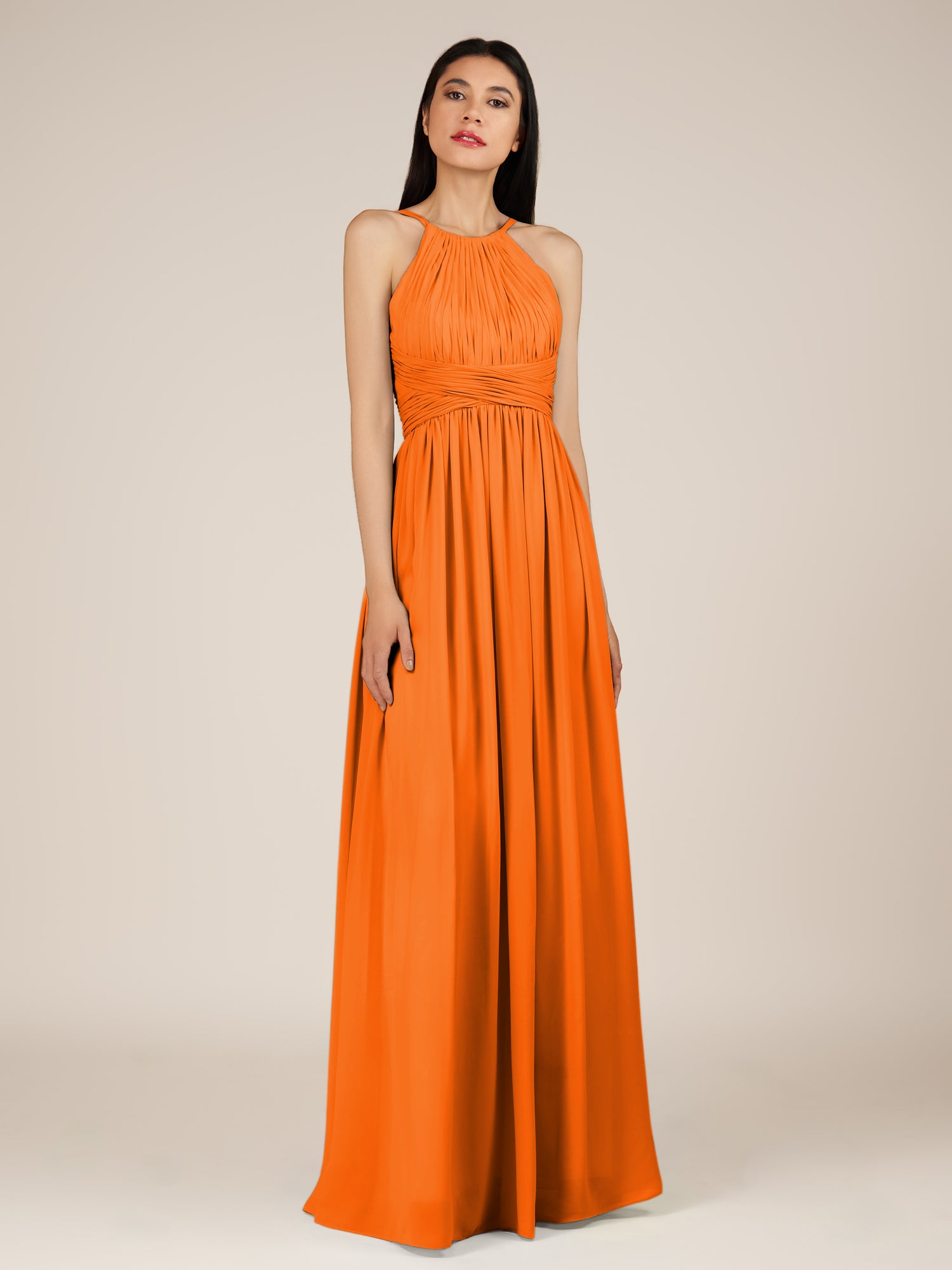 KissDress-Orinthia Cinnamon A Line Halter Neck Chiffon Long Bridesmaid Dress with Pleats