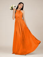 KissDress-Orinthia Cinnamon A Line Halter Neck Chiffon Long Bridesmaid Dress with Pleats