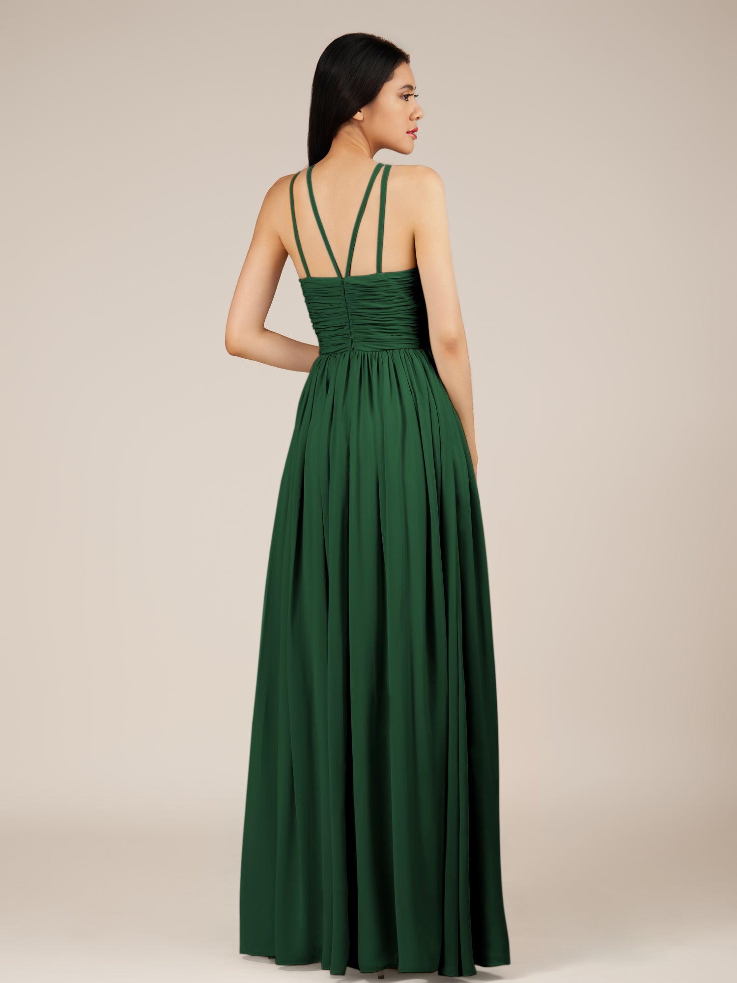KissDress-Orinthia Dark Green A Line Halter Neck Chiffon Long Bridesmaid Dress with Pleats