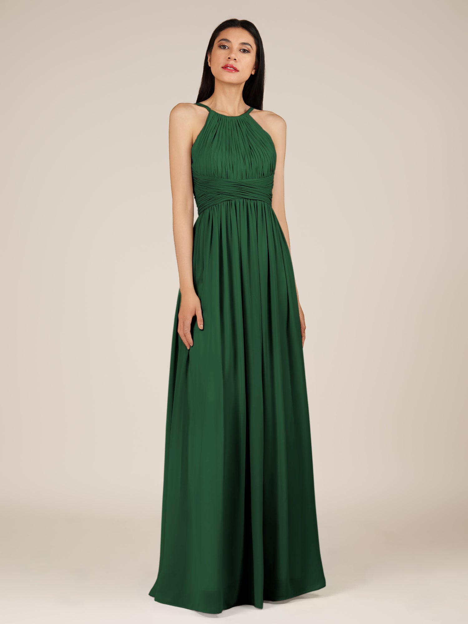 KissDress-Orinthia Dark Green A Line Halter Neck Chiffon Long Bridesmaid Dress with Pleats