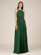 KissDress-Orinthia Dark Green A Line Halter Neck Chiffon Long Bridesmaid Dress with Pleats