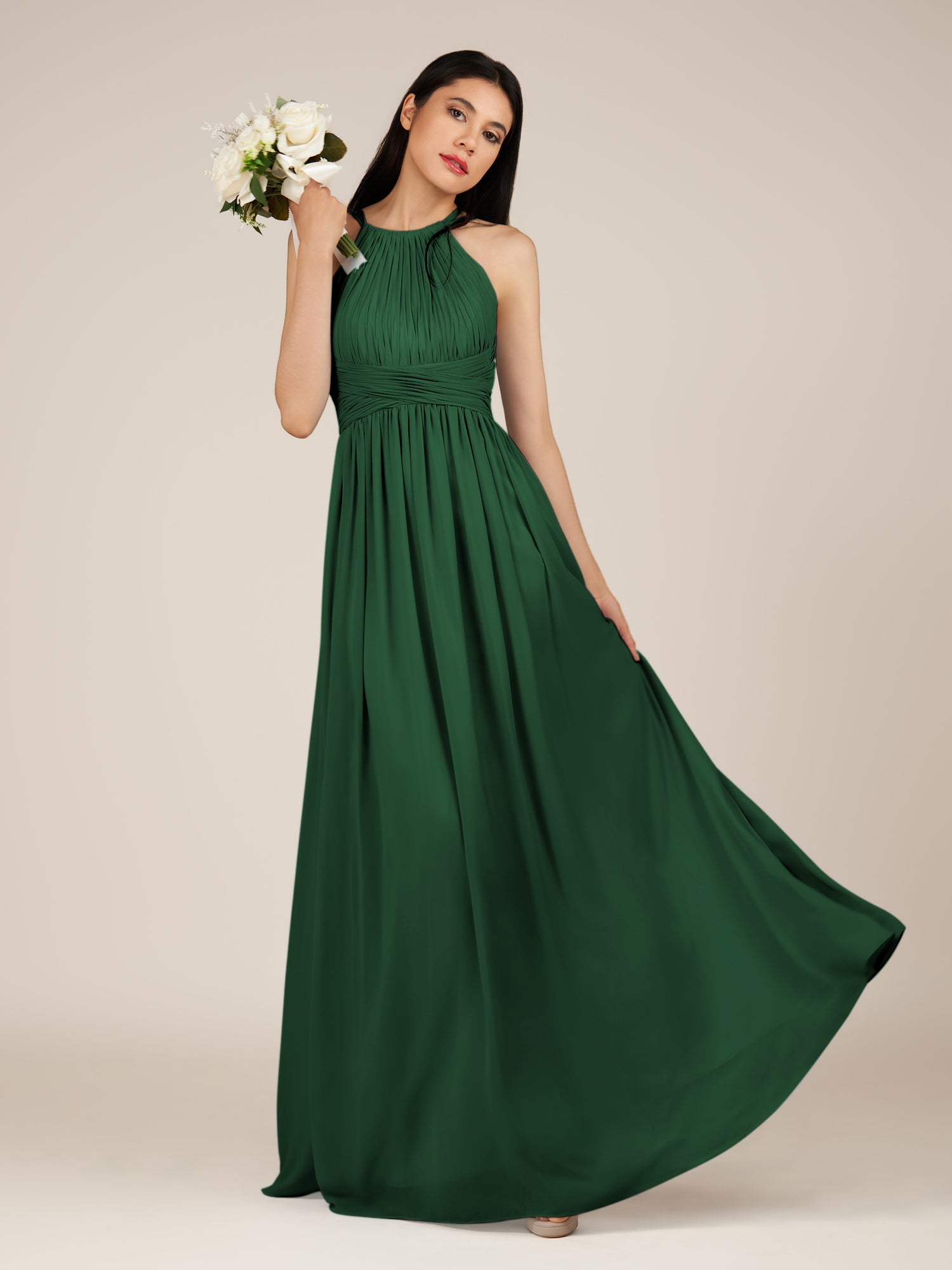 KissDress-Orinthia Dark Green A Line Halter Neck Chiffon Long Bridesmaid Dress with Pleats