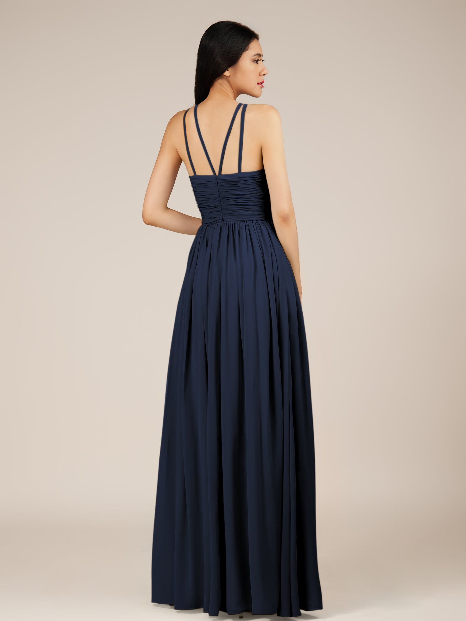 KissDress-Orinthia Dark Navy A Line Halter Neck Chiffon Long Bridesmaid Dress with Pleats