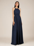 KissDress-Orinthia Dark Navy A Line Halter Neck Chiffon Long Bridesmaid Dress with Pleats