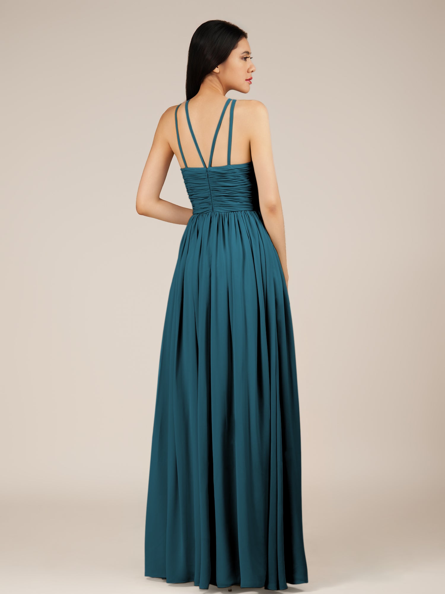 KissDress-Orinthia Dark Teal A Line Halter Neck Chiffon Long Bridesmaid Dress with Pleats