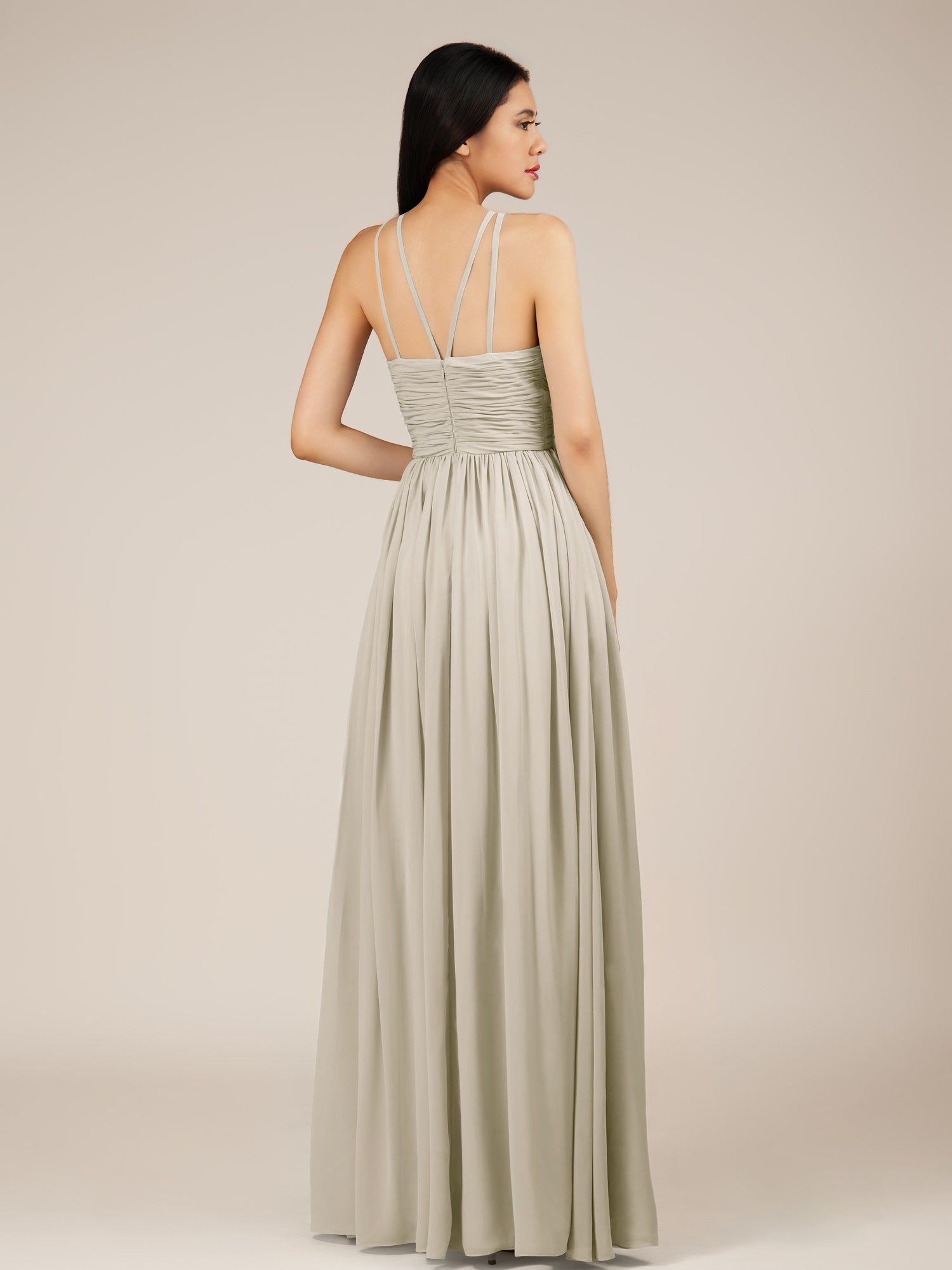 KissDress-Orinthia Dove Gray A Line Halter Neck Chiffon Long Bridesmaid Dress with Pleats