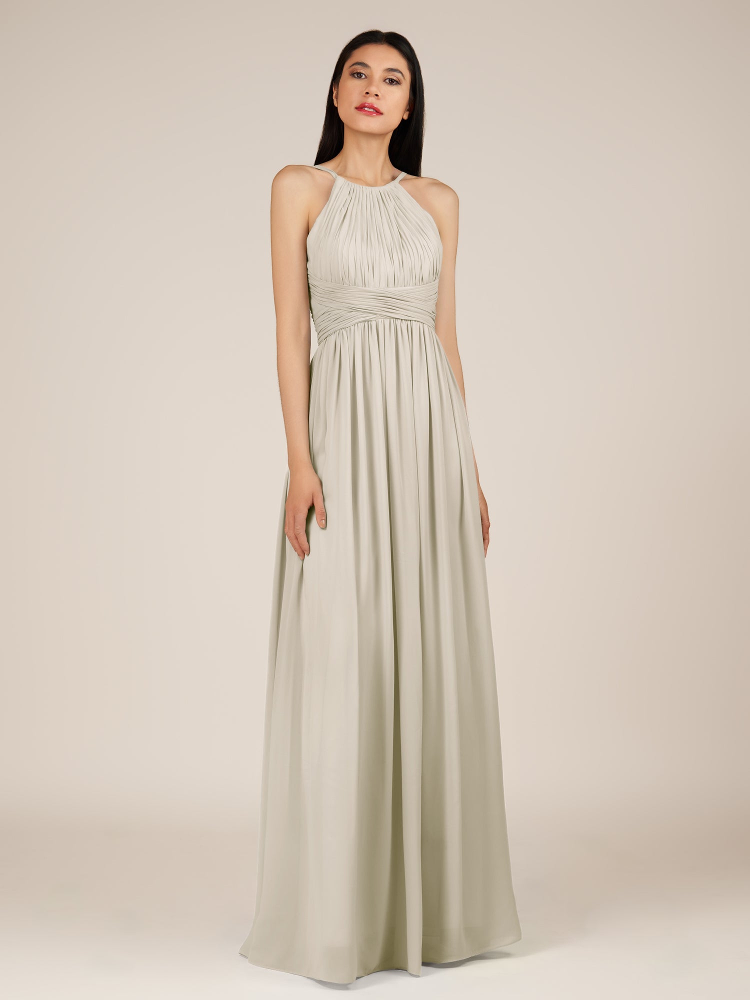 KissDress-Orinthia Dove Gray A Line Halter Neck Chiffon Long Bridesmaid Dress with Pleats
