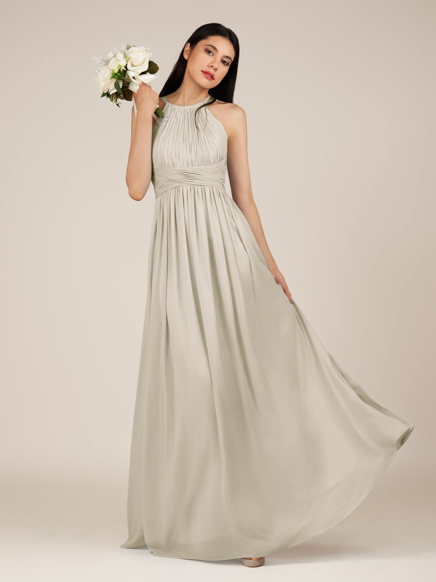 KissDress-Orinthia Dove Gray A Line Halter Neck Chiffon Long Bridesmaid Dress with Pleats