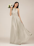 KissDress-Orinthia Dove Gray A Line Halter Neck Chiffon Long Bridesmaid Dress with Pleats