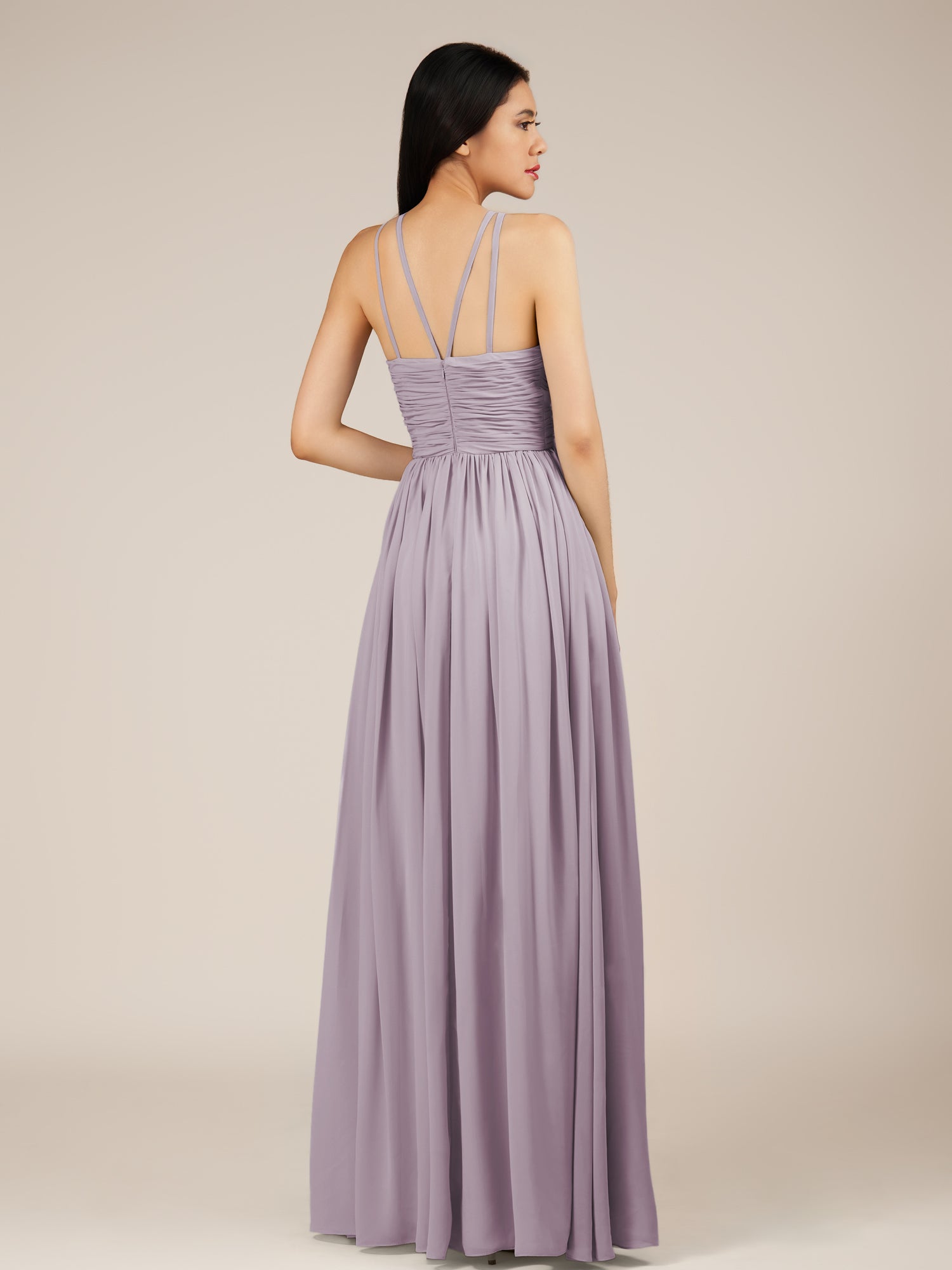 KissDress-Orinthia Dusk A Line Halter Neck Chiffon Long Bridesmaid Dress with Pleats
