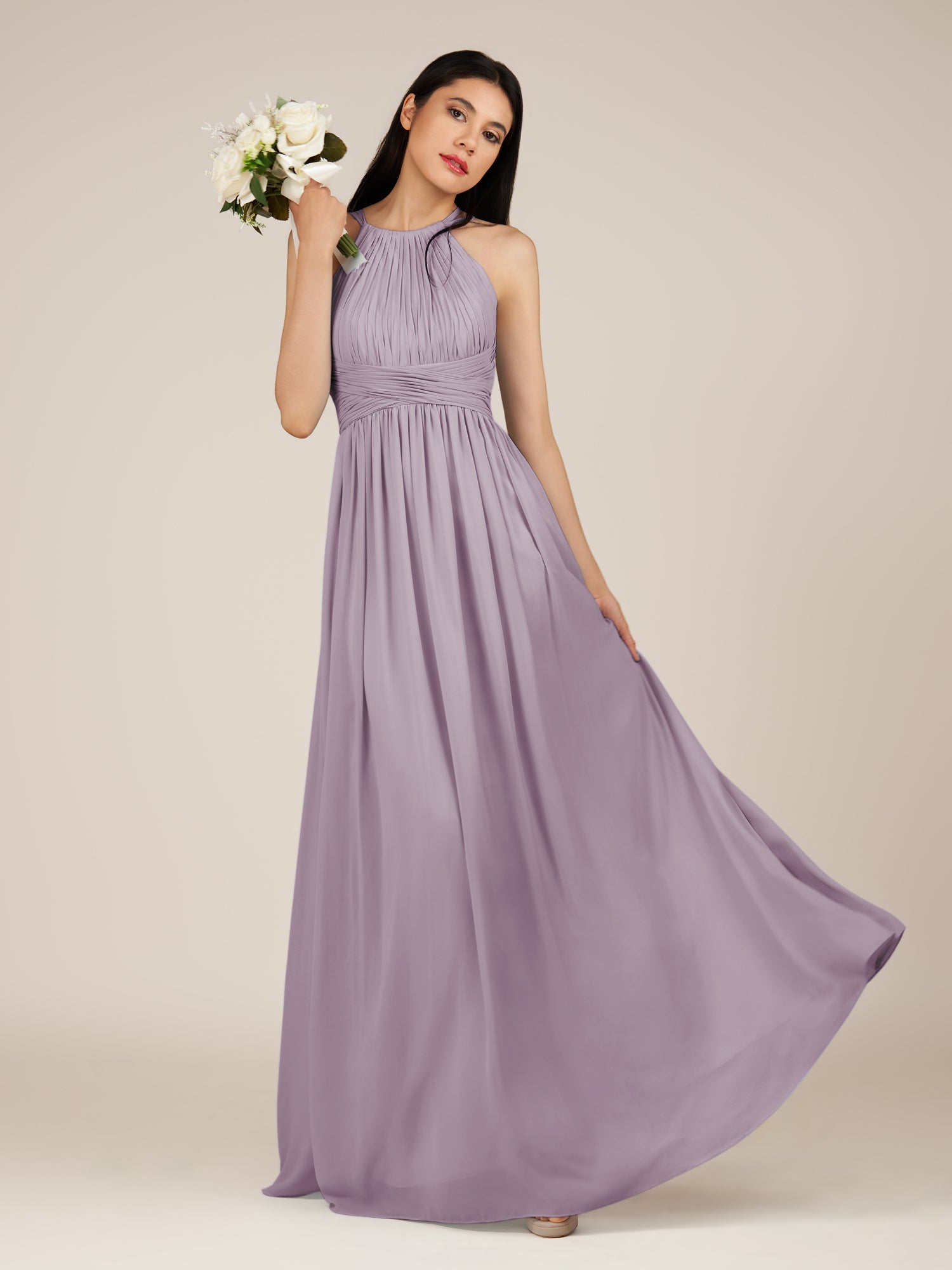 KissDress-Orinthia Dusk A Line Halter Neck Chiffon Long Bridesmaid Dress with Pleats