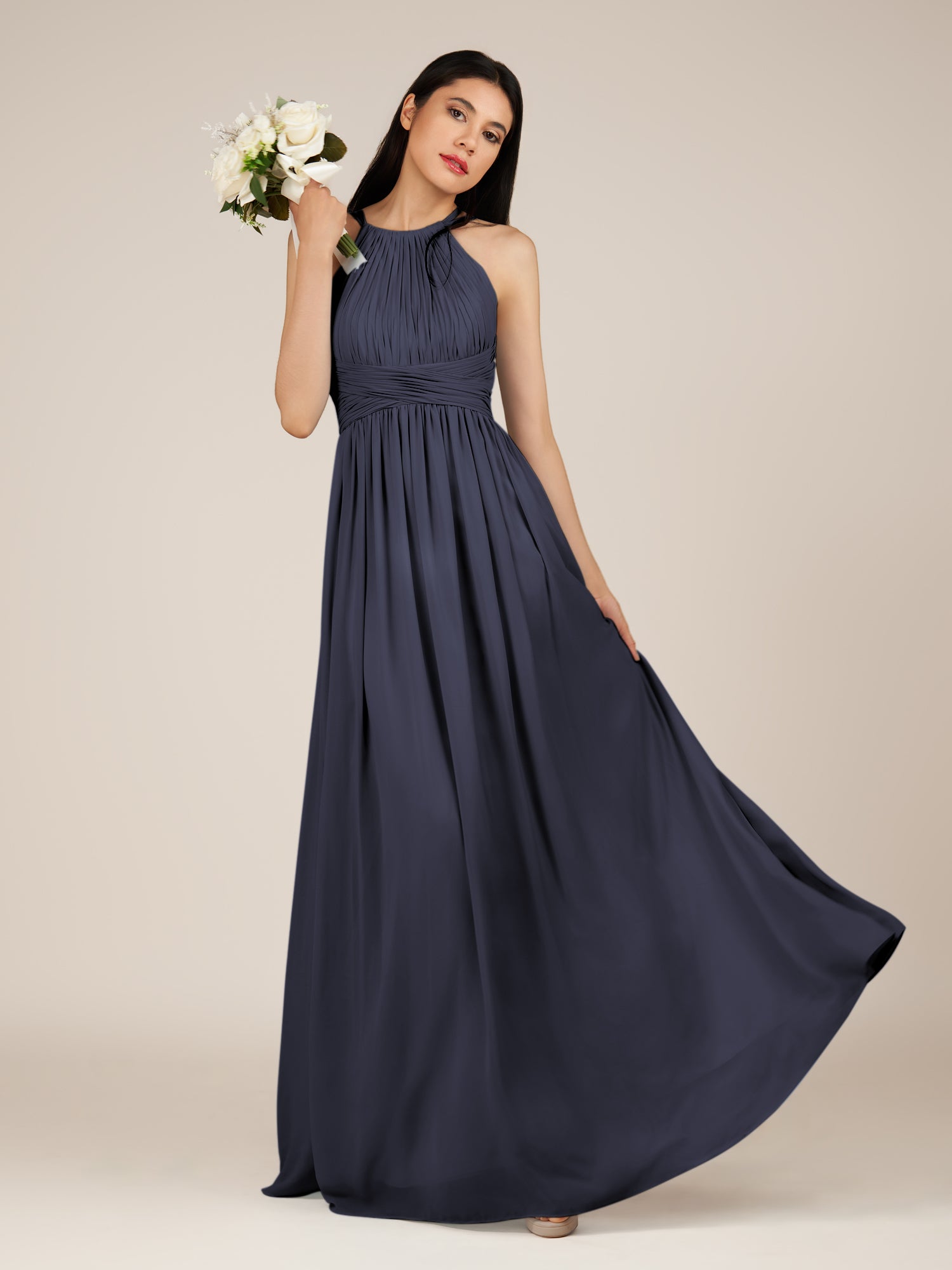 KissDress-Orinthia Dusk Blue A Line Halter Neck Chiffon Long Bridesmaid Dress with Pleats