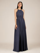 KissDress-Orinthia Dusk Blue A Line Halter Neck Chiffon Long Bridesmaid Dress with Pleats