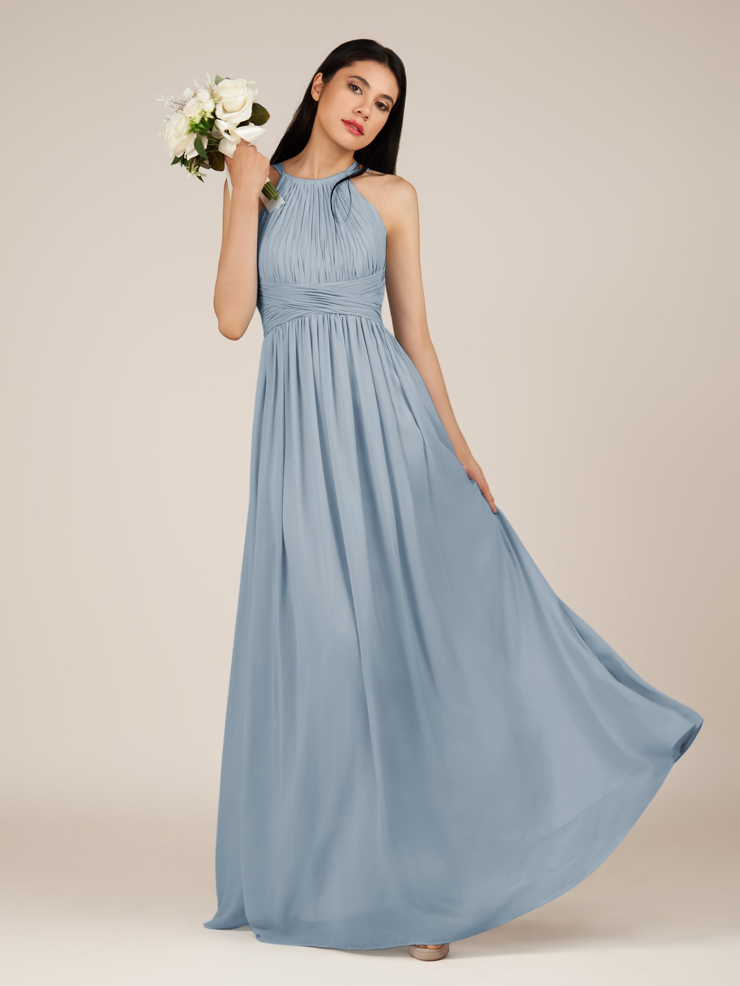 KissDress-Orinthia Dusty Blue A Line Halter Neck Chiffon Long Bridesmaid Dress with Pleats