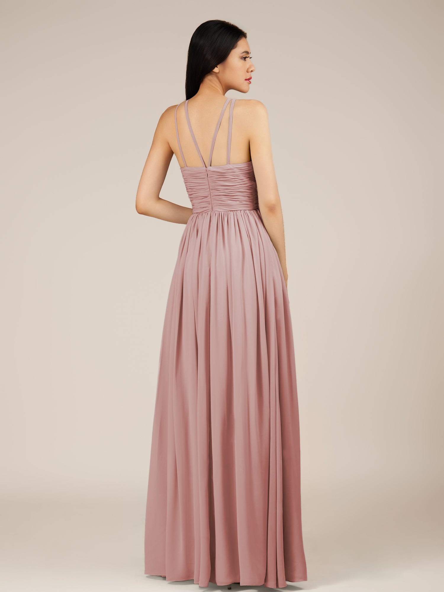 KissDress-Orinthia Dusty Rose A Line Halter Neck Chiffon Long Bridesmaid Dress with Pleats