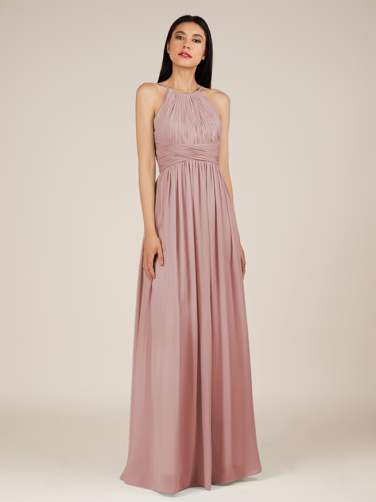 KissDress-Orinthia Dusty Rose A Line Halter Neck Chiffon Long Bridesmaid Dress with Pleats