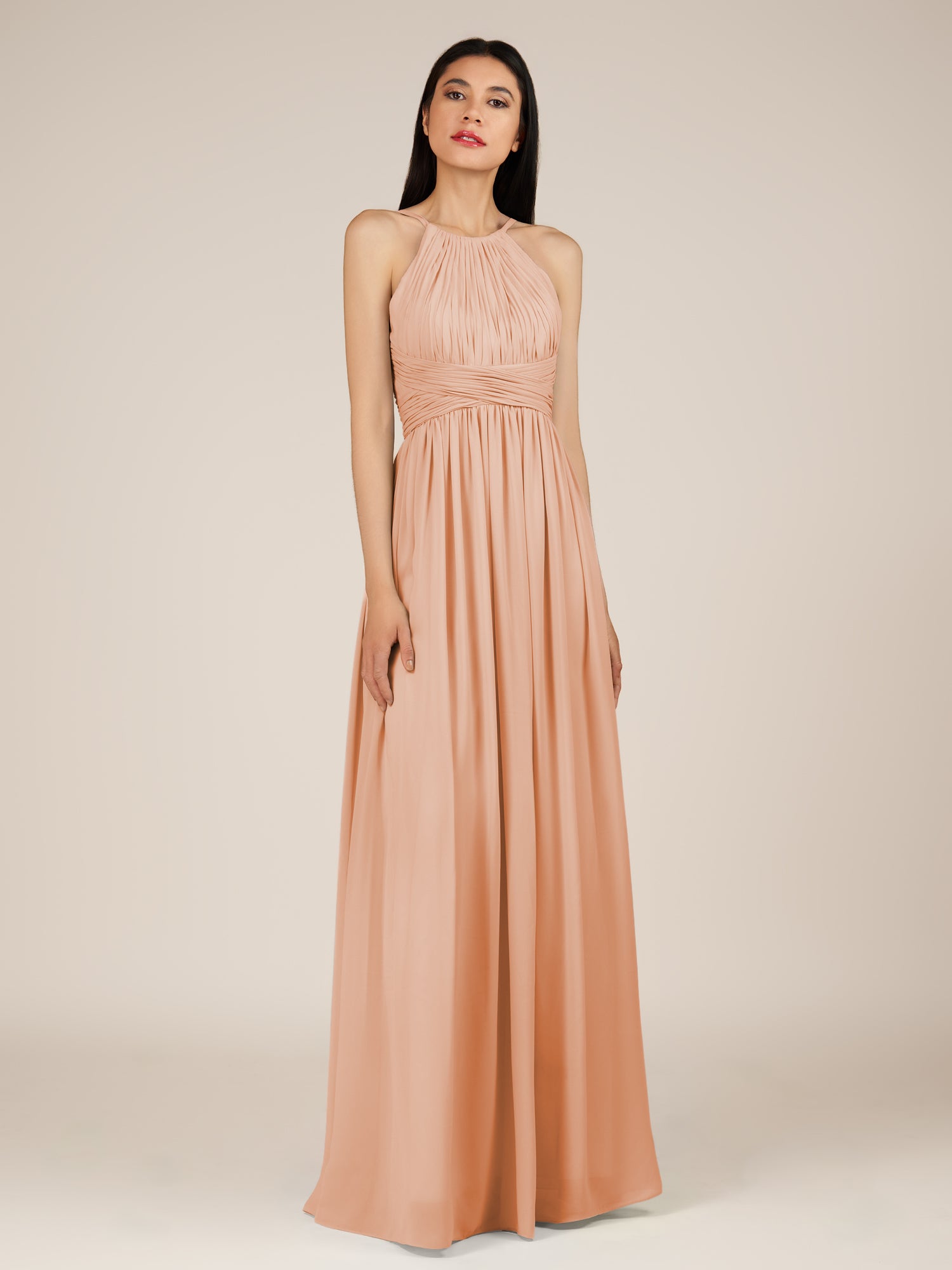 KissDress-Orinthia English Rose A Line Halter Neck Chiffon Long Bridesmaid Dress with Pleats
