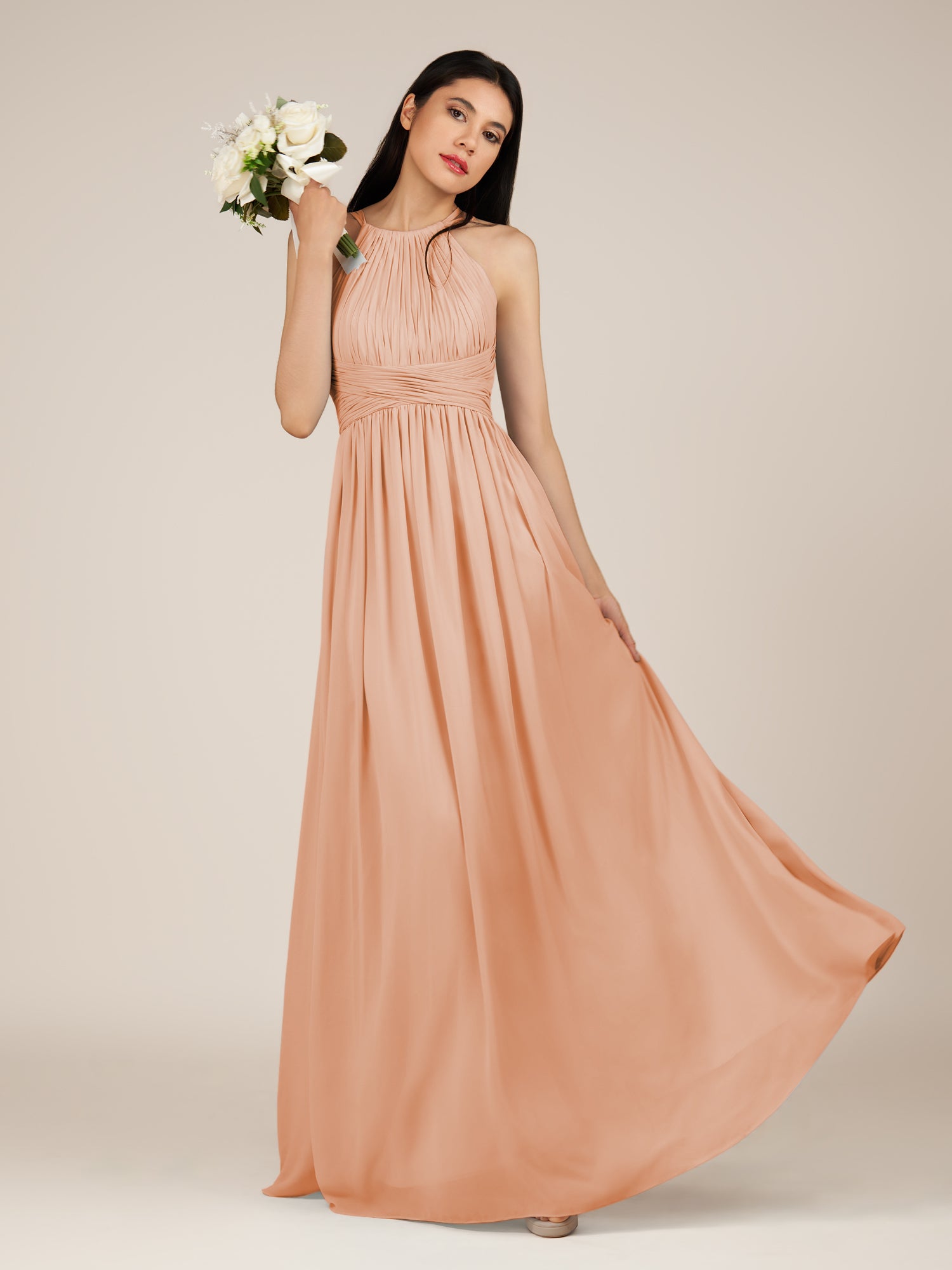 KissDress-Orinthia English Rose A Line Halter Neck Chiffon Long Bridesmaid Dress with Pleats