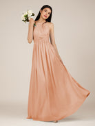 KissDress-Orinthia English Rose A Line Halter Neck Chiffon Long Bridesmaid Dress with Pleats