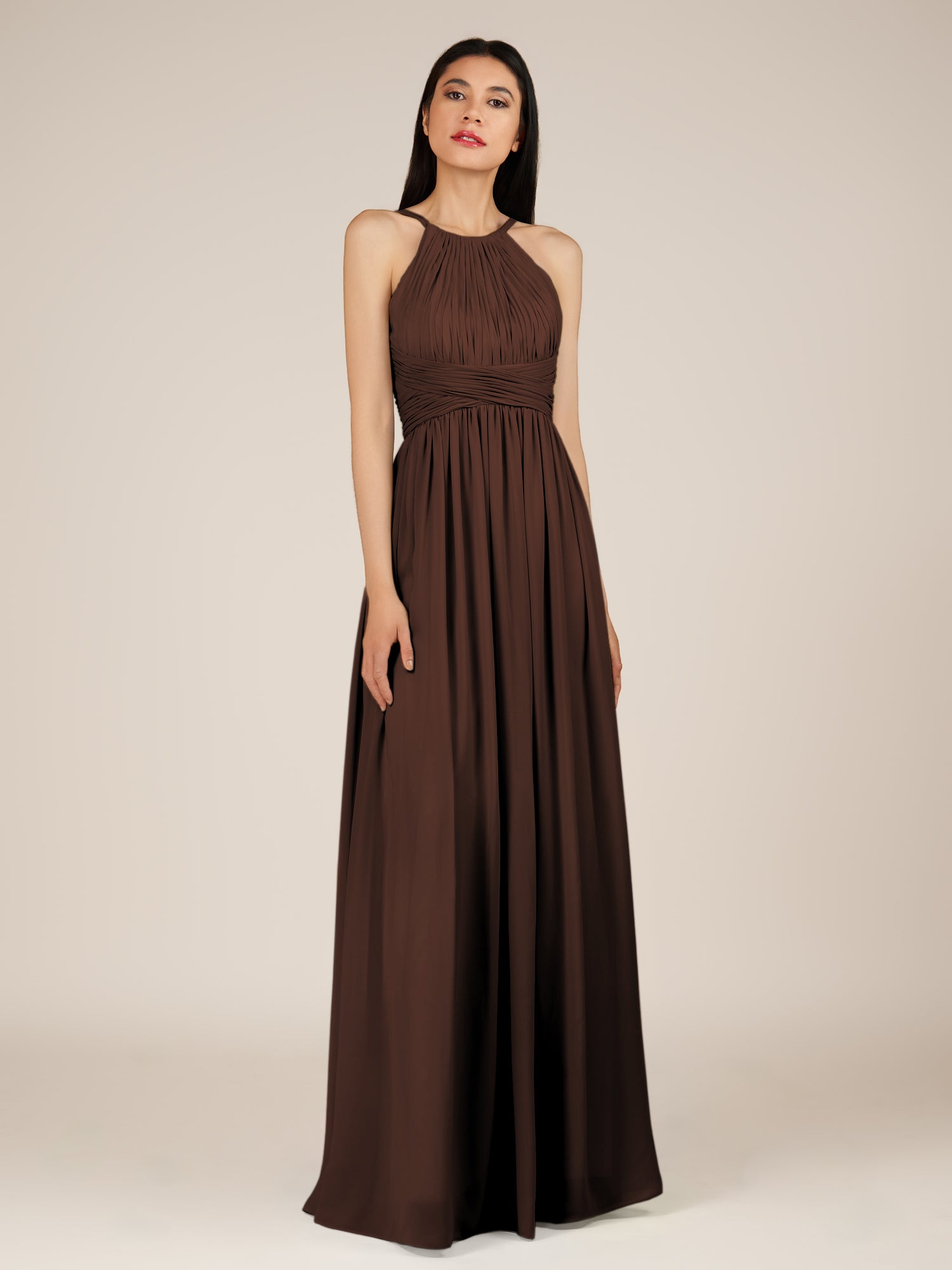 KissDress-Orinthia Espresso A Line Halter Neck Chiffon Long Bridesmaid Dress with Pleats