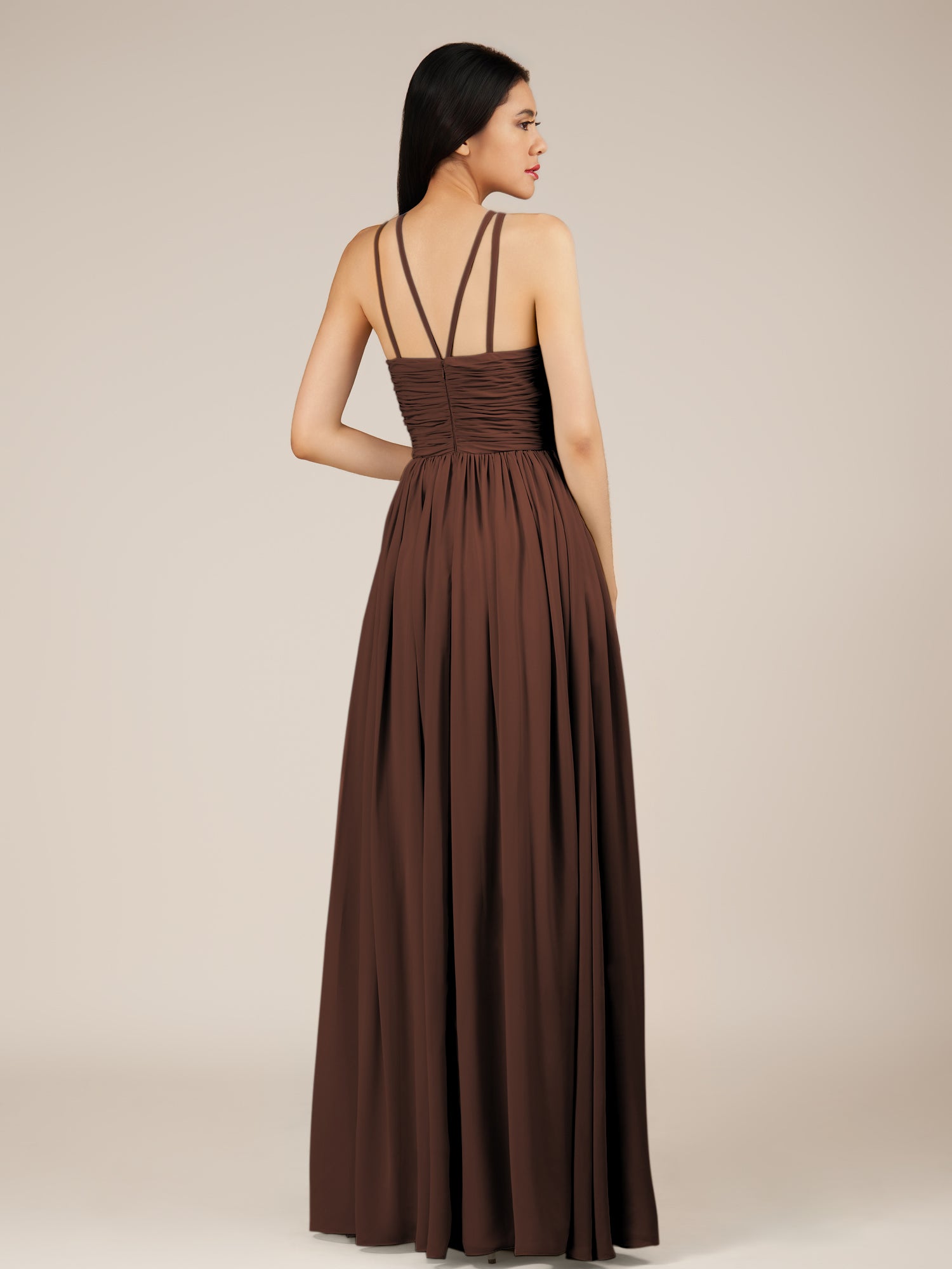 KissDress-Orinthia Espresso A Line Halter Neck Chiffon Long Bridesmaid Dress with Pleats