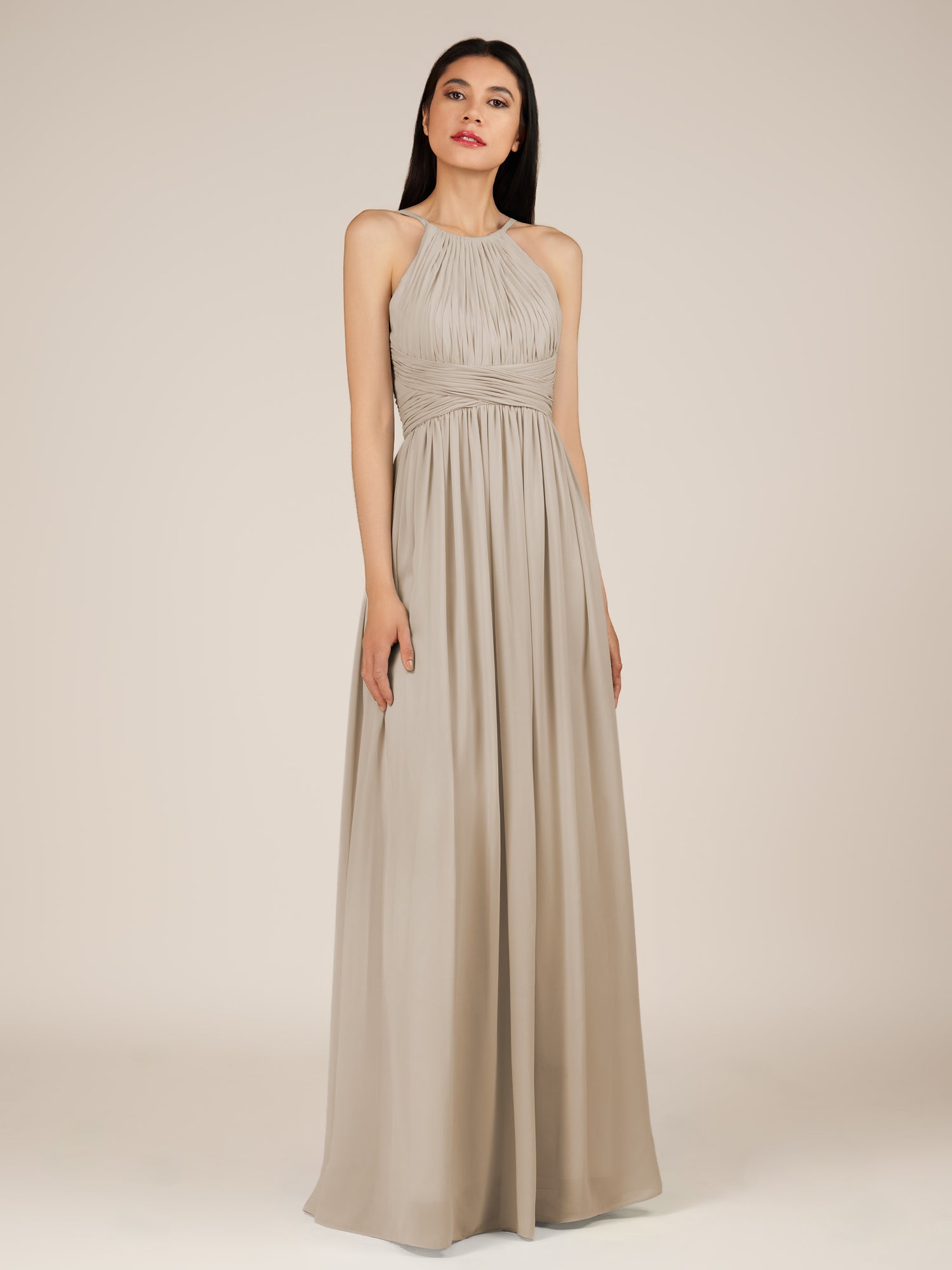 KissDress-Orinthia Frost A Line Halter Neck Chiffon Long Bridesmaid Dress with Pleats
