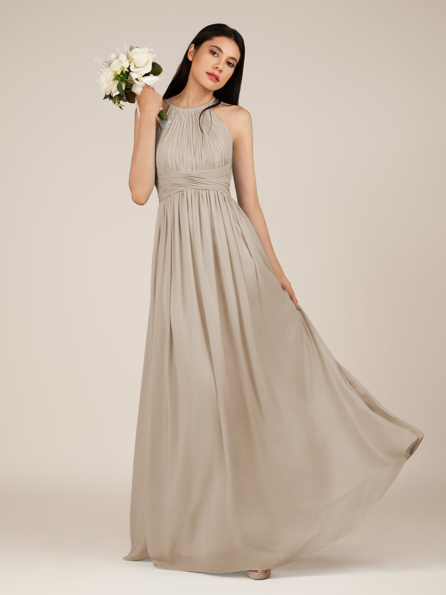 KissDress-Orinthia Frost A Line Halter Neck Chiffon Long Bridesmaid Dress with Pleats