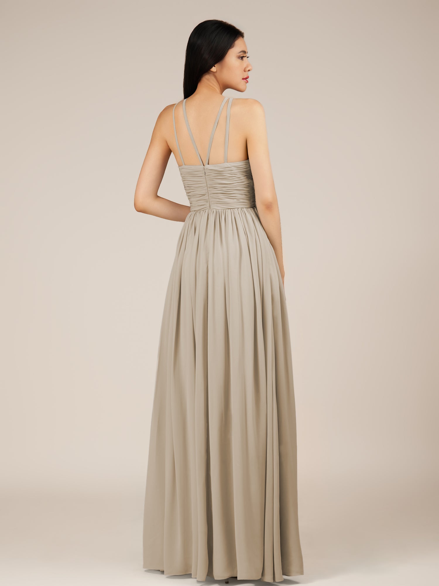 KissDress-Orinthia Frost A Line Halter Neck Chiffon Long Bridesmaid Dress with Pleats