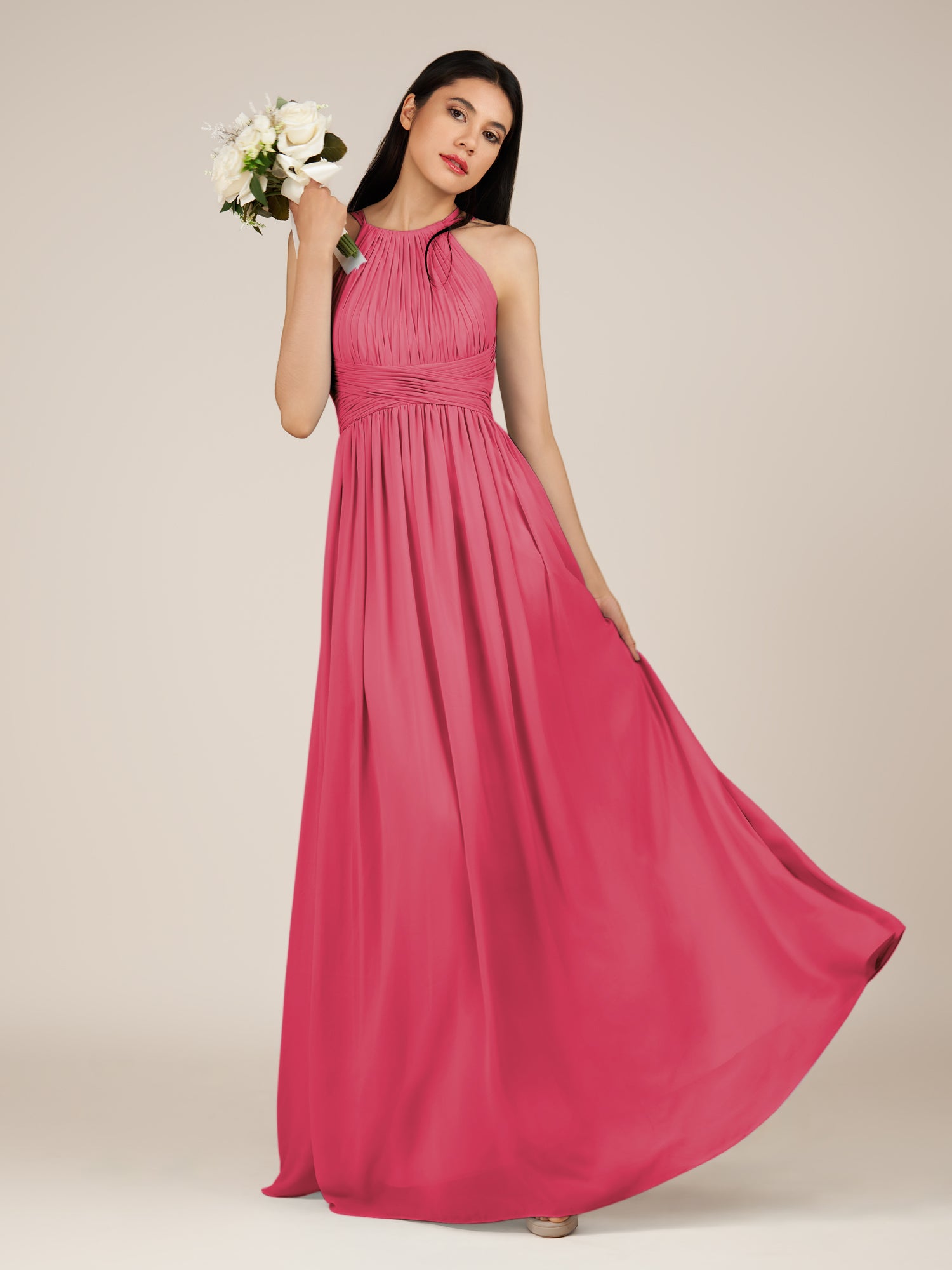 KissDress-Orinthia Fuchsia A Line Halter Neck Chiffon Long Bridesmaid Dress with Pleats